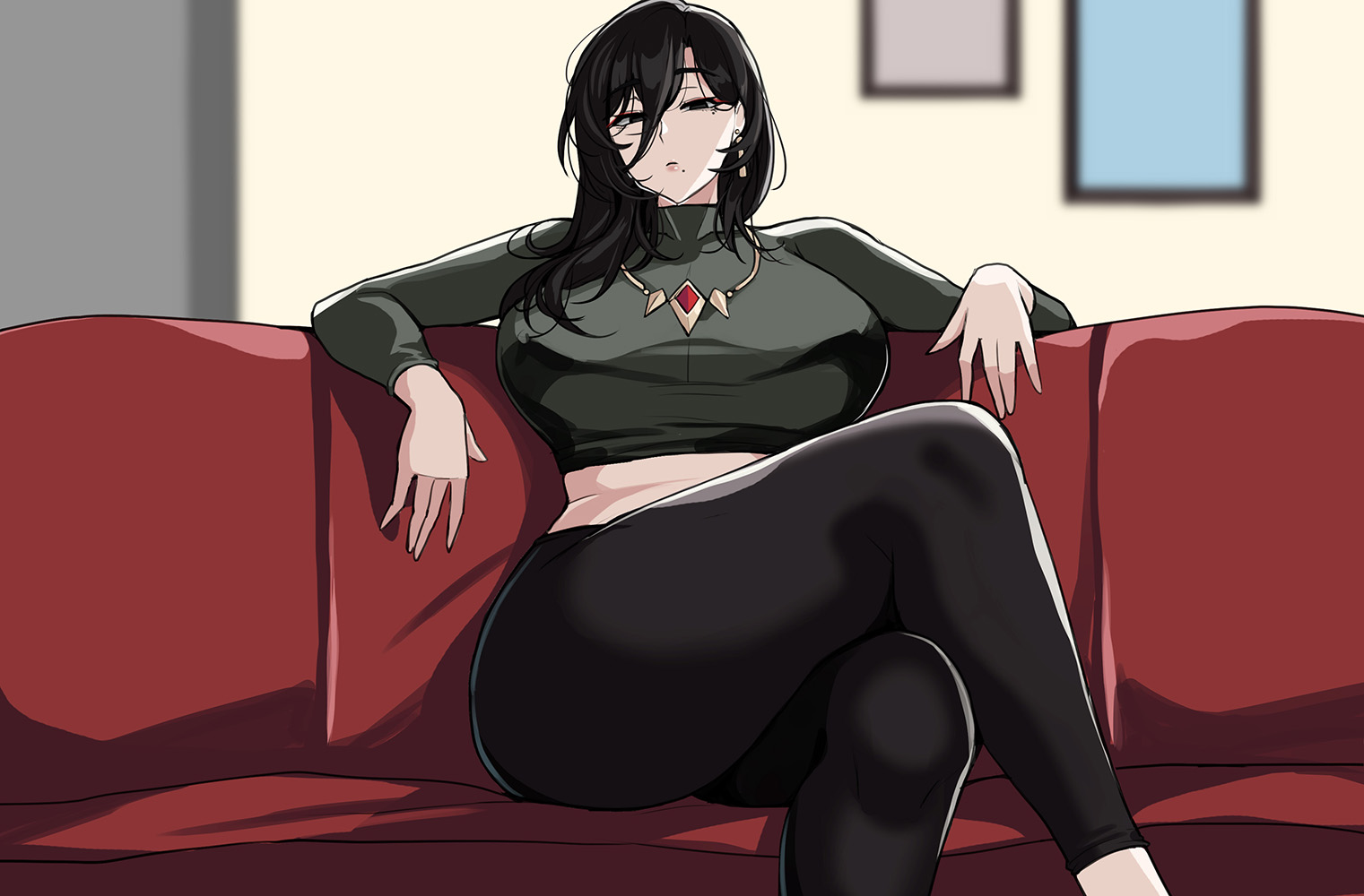 1girls, big breasts, black hair, breasts, crop top, crossed legs, drogod (artist), female, female only, fully clothed, looking at viewer, milf, mole, mole under eye, mole under mouth, original character, solo, thick thighs
