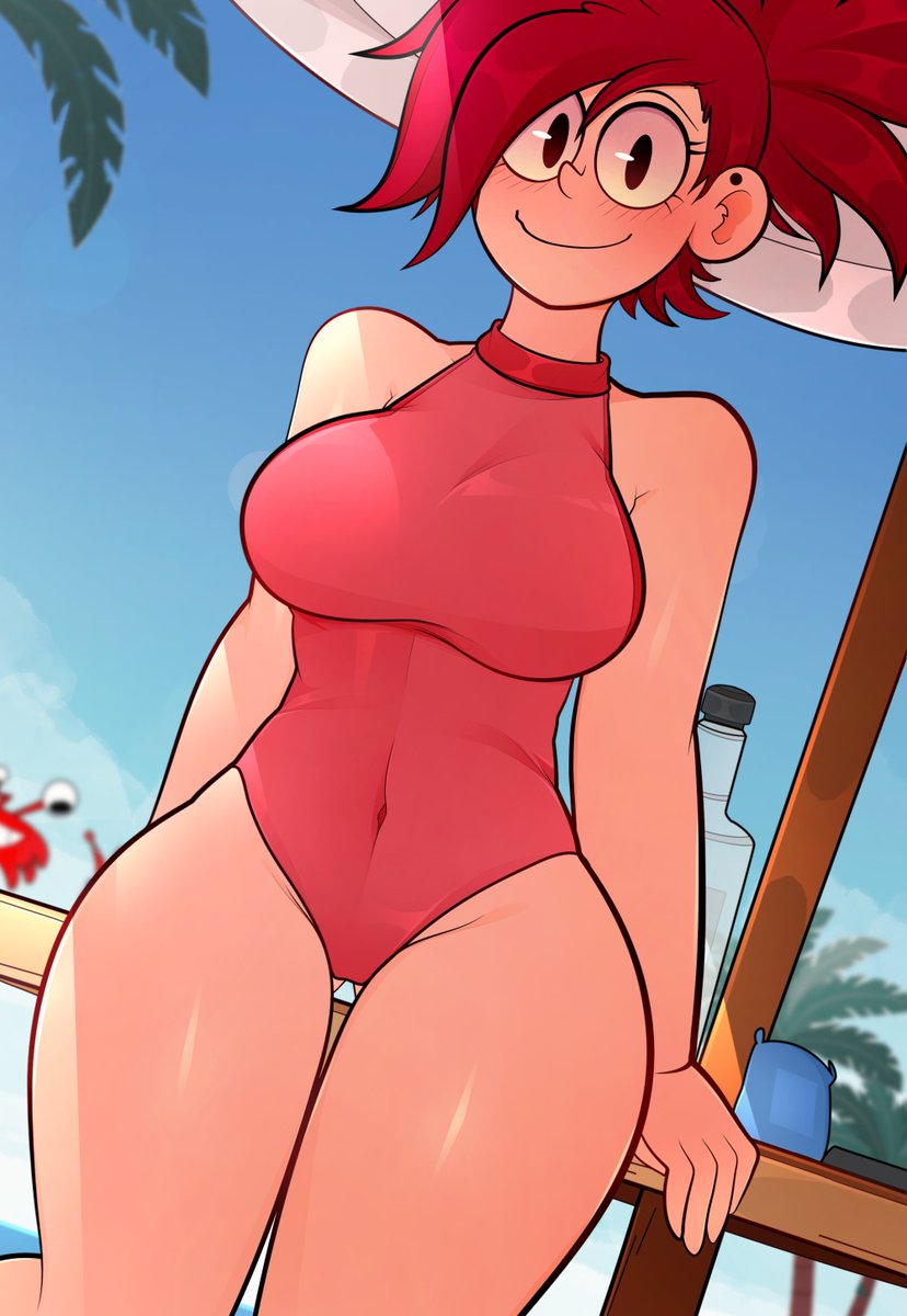 1girls arkeus beach big_breasts blush breasts female female_only foster's_home_for_imaginary_friends frankie_foster looking_at_viewer one-piece_swimsuit outdoors outside red_hair smile solo solo_female swimsuit thick_thighs voluptuous wide_hips