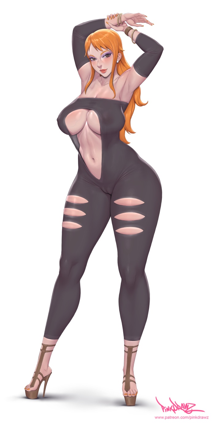 1girls armpits arms_above_head black_bodysuit bodysuit bracelet bracelets brown_eyes busty cameltoe earrings female female_focus female_only full_body ginger_hair heels high_heels hourglass_figure large_breasts lips looking_at_viewer makeup nami one_piece open_toe_shoes orange_hair pinkdrawz platform_heels revealing_clothes simple_background slutty_outfit standing stiletto_heels tagme thick_thighs very_high_heels voluptuous white_background wide_hips