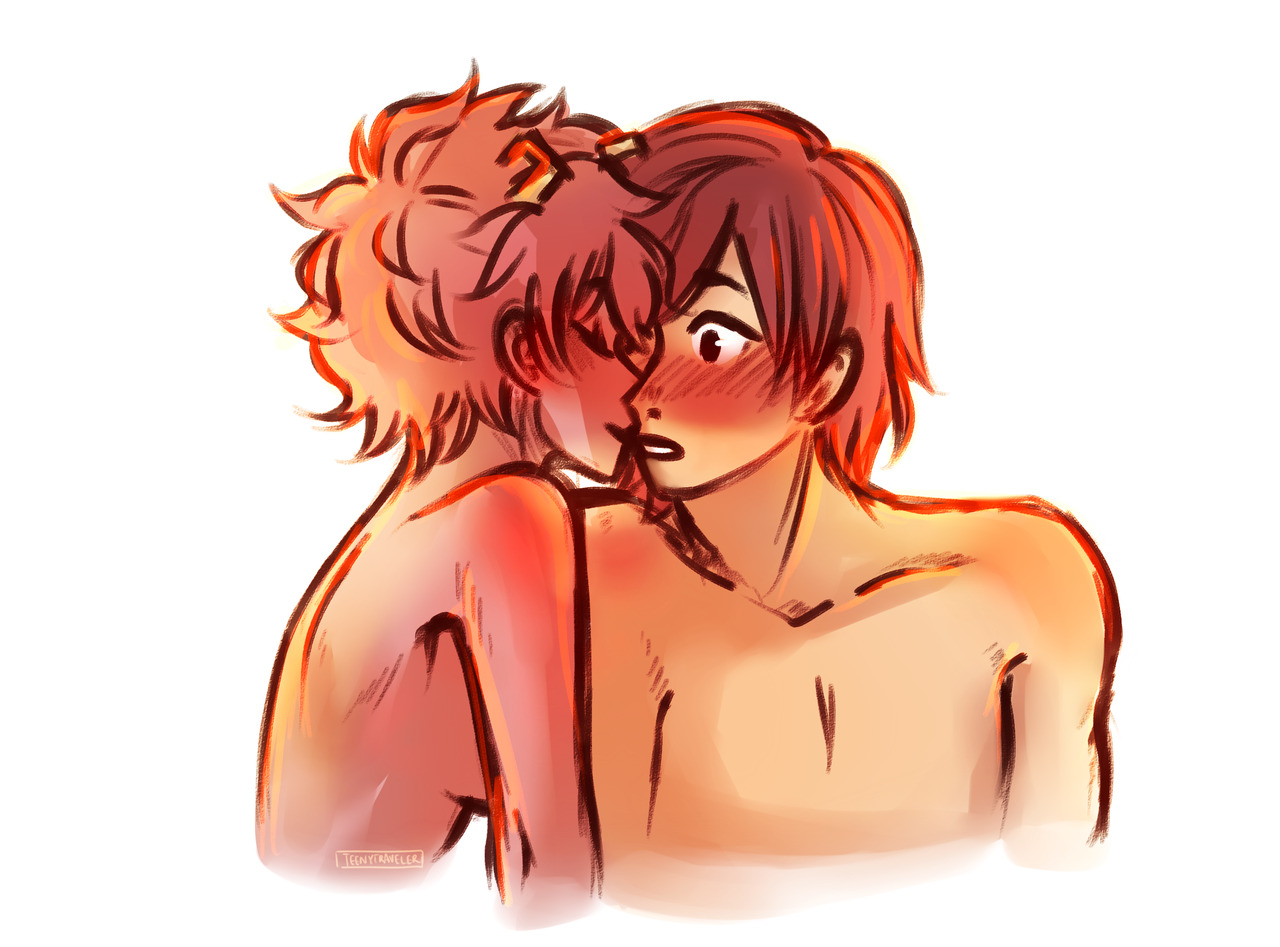 1boy, 1girls, adorable, alternate hairstyle, ashido mina, blush, blushing, blushing male, cute, eijirou kirishima, fanon couple, female, flushed, flushed face, horns, imminent sex, innocent, kirishima eijirou, kissing, male, male/female, mina ashido, my hero academia, nude, nudity, pink hair, pink skin, red hair, romantic, romantic ambiance, romantic couple, sensual, shirtless, shirtless male, short hair, side view, straight, suggestive, surprised, sweet, topless, warm colors