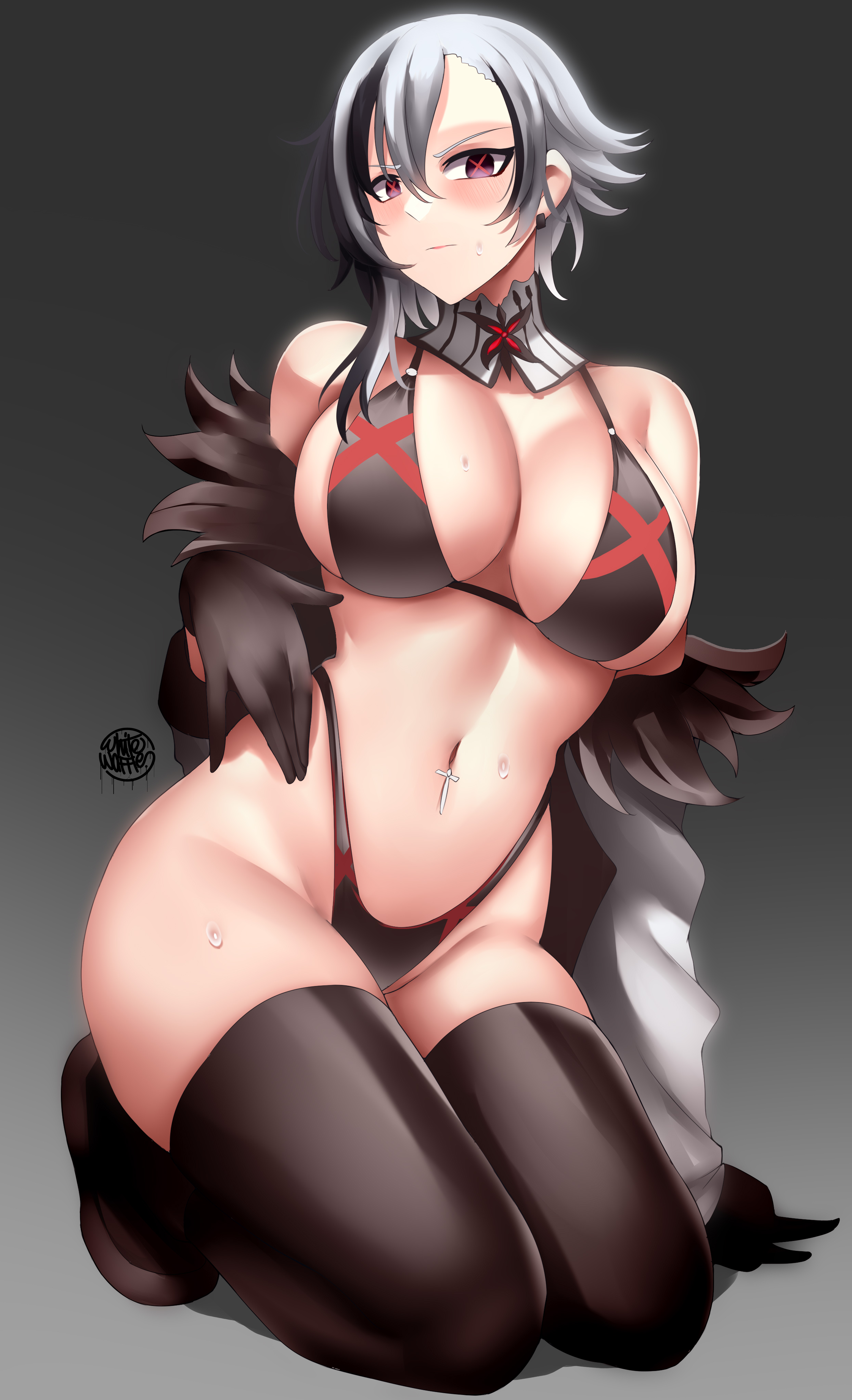 absurdres, arlecchino (genshin impact), bangs, black bra, black hair, black panties, blush, bra, breasts, cleavage, coat, coat on shoulders, collarbone, female, fur trim, fur-trimmed coat, genshin impact, grey eyes, grey hair, hair between eyes, highres, large breasts, looking at viewer, multicolored hair, navel, panties, red pupils, short hair, smile, solo, streaked hair, symbol-shaped pupils, thighs, underwear, white coat, x-shaped pupils