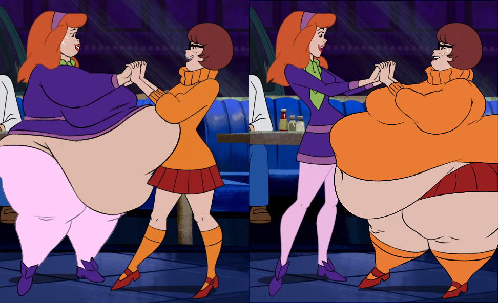 2girls bbw belly big_belly big_breasts breasts brown_hair daphne_blake edit fat female glasses huge_belly huge_breasts morbidly_obese obese orange_hair overweight scooby-doo screenshot_edit ssbbw sweat sweater velma_dinkley woahdangman