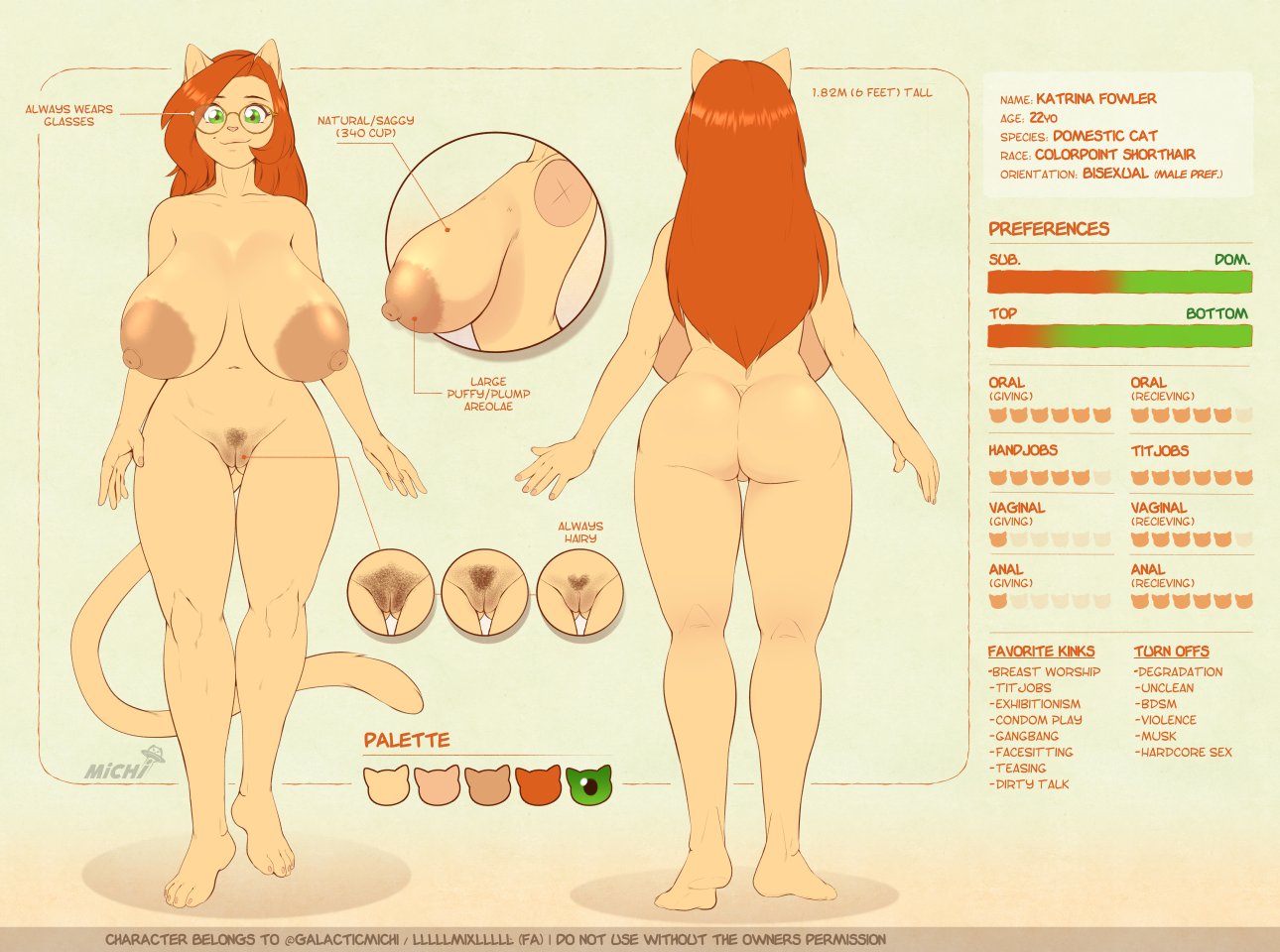 1girls, ass, barefoot, big ass, big breasts, breasts, bubble ass, bubble butt, character sheet, completely nude, curvaceous, curvy, curvy female, english text, feline humanoid, female, female only, female pubic hair, full body, glasses, hairy pussy, huge breasts, katrina fowler, llmixll, massive ass, naked, naked female, nude, nude female, pubic hair, pussy, solo, solo female, stats, straight hair, tail, text, voluptuous