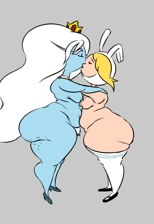 2girls adventure_time ass bbw big_ass big_breasts blonde_hair breasts bubble_butt cellulite chubby curvy fat_ass female female_only fionna_the_human_girl ice_queen ice_queen_(adventure_time) kissing multiple_girls nipples overweight thick thick_thighs thunder_thighs white_hair woahdangman yuri