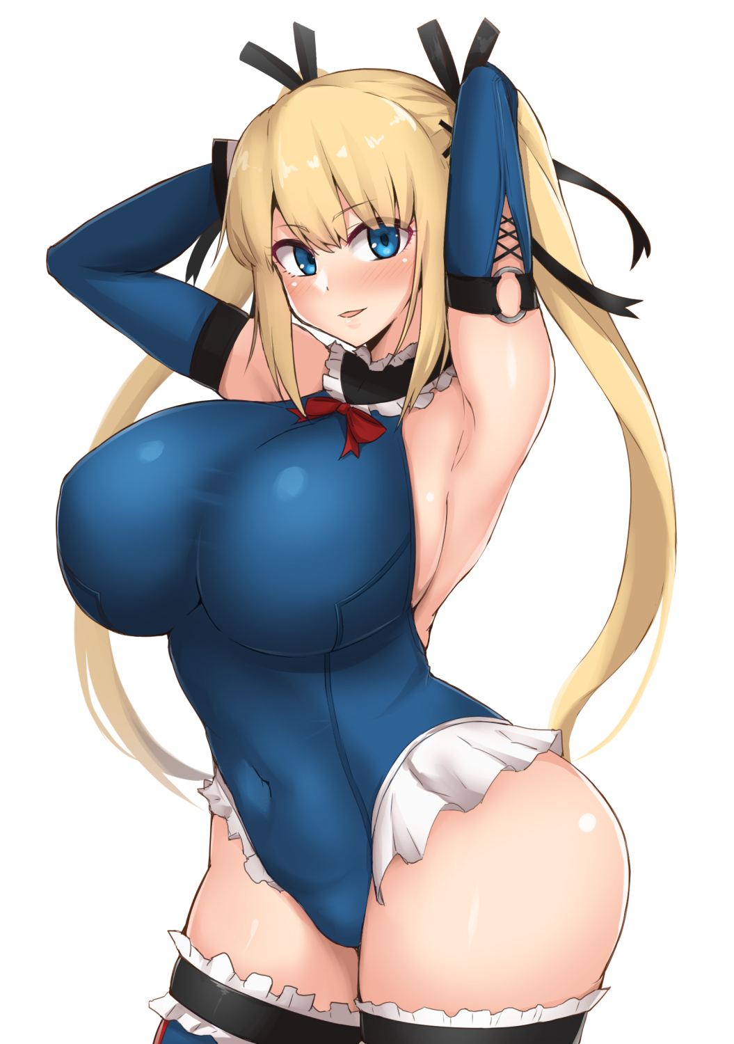 alternate breast size, bangs, black ribbon, blonde hair, blue eyes, blue leotard, boots, breasts, covered navel, dead or alive, dead or alive 5, elbow gloves, female, frilled legwear, frilled leotard, frills, gloves, hair ornament, hair ribbon, highres, hourglass figure, huge breasts, leotard, light skin, light-skinned female, long hair, looking at viewer, marie rose, marie rose (devilish servant against the splashing waves), petite, ribbon, slim waist, solo, teenage female, teenager, thick thighs, thigh boots, thighhighs, twintails, wide hips, x hair ornament, yamaori
