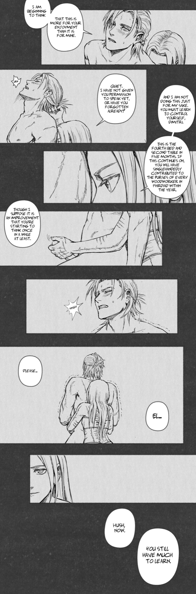 1boy, 1girls, denial, dialogue, dimitri alexandre blaiddyd, edelgard von hresvelg, english text, female, femdom, fire emblem, fire emblem: three houses, hair grab, hair pull, hair pulling, handjob, male, male/female, nude, nude male, post-timeskip, pulling hair, redaster8, straight, text