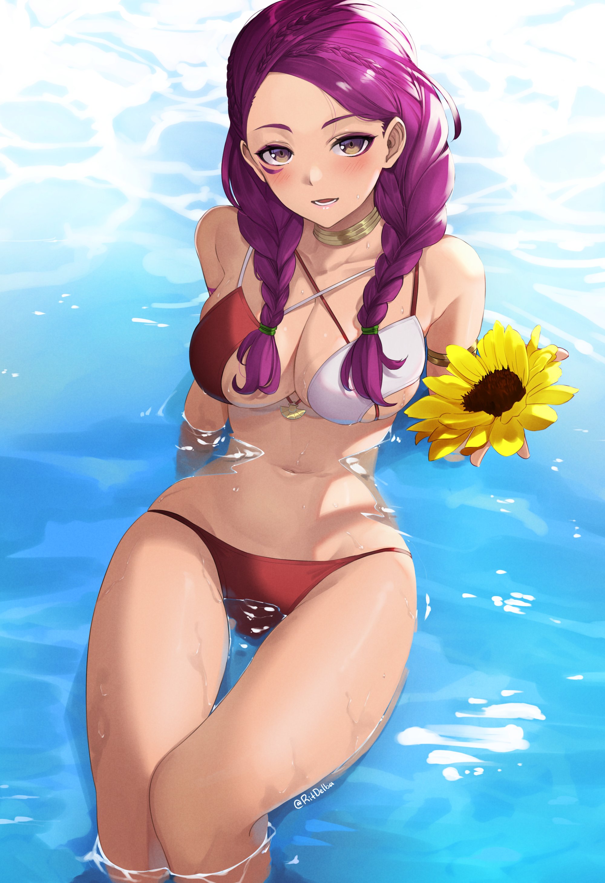 1girls, absurdres, alternate costume, bare shoulders, bikini, braid, breasts, brown eyes, collar, collarbone, cowboy shot, facial mark, female, female only, fire emblem, fire emblem warriors: three hopes, fire emblem: three houses, flower, groin, highres, holding, holding flower, large breasts, long hair, looking at viewer, nintendo, official alternate hairstyle, partially submerged, petra macneary, purple hair, red bikini, red swimsuit, ritdelba, sitting, smile, solo, sunflower, swimsuit, twin braids, twintails, twitter username, two-tone bikini, white bikini, white swimsuit
