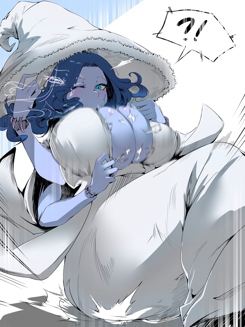 ?!, 1girls, blue skin, bouncing breasts, breasts, elden ring, female, female only, fromsoftware, huge breasts, inviting to sex, looking at viewer, multi arm, multi face, multi limb, qianbi he, ranni the witch, witch, witch hat