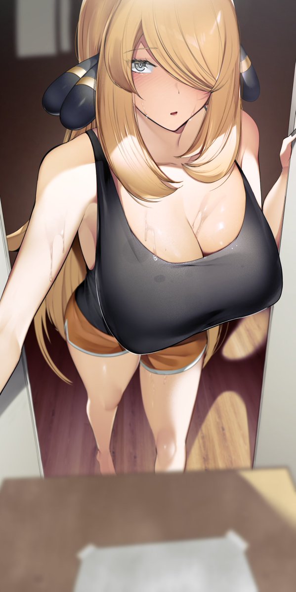 1girls, 2022, blonde hair, blush, booty shorts, breasts, cleavage, cynthia (pokemon), female, female only, grey eyes, hair ornament, hair over one eye, hips, huge breasts, long hair, long legs, looking at viewer, nintendo, pokemon, pokemon dppt, short shorts, shorts, slim waist, standing in doorway, tank top, thighs, wide hips, yuuyuu (yuuki1771)