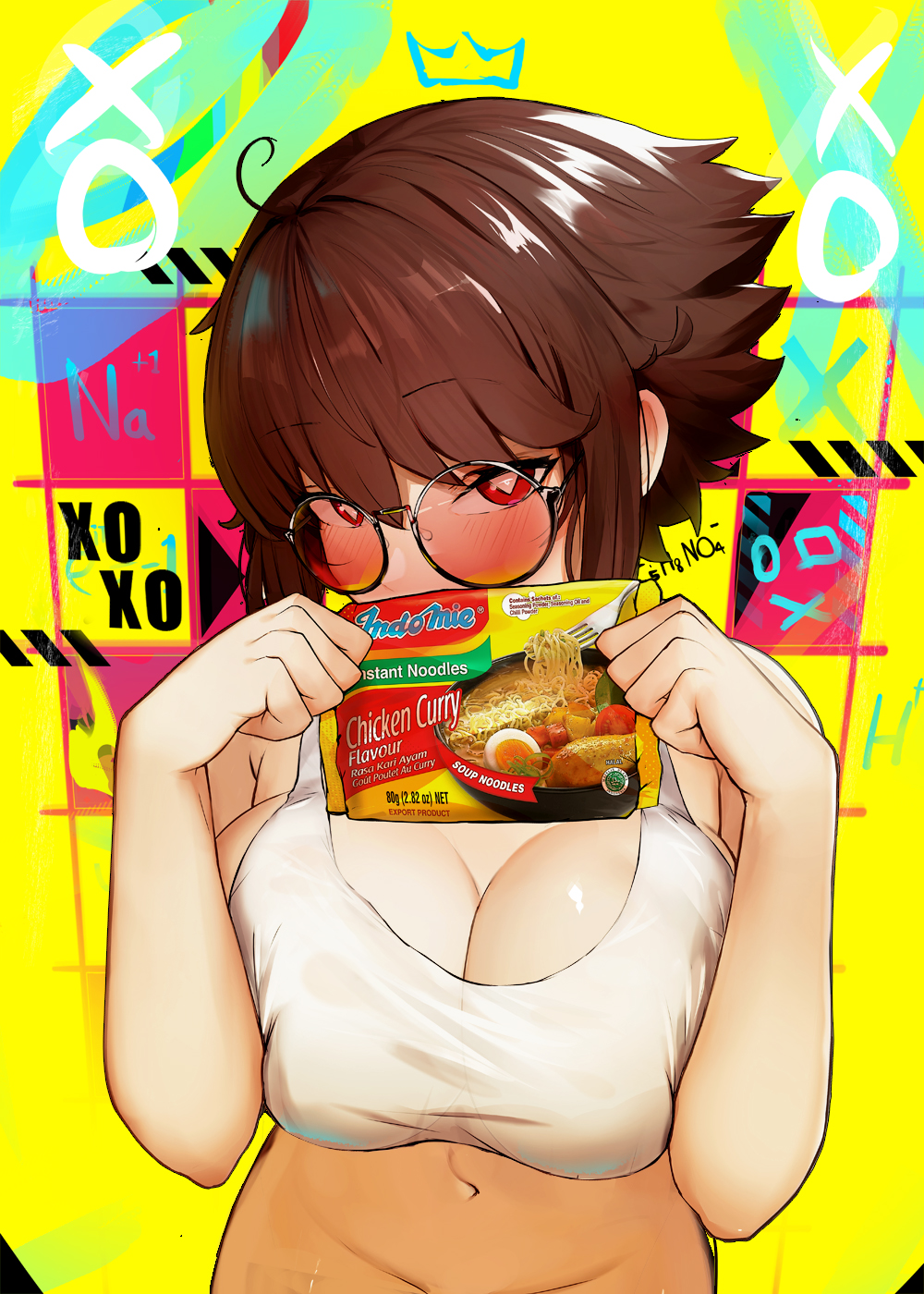 belly belly_button big_breasts breasts curry glasses half-dressed half_naked huge_breasts large_breasts nise_nin red-tinted_eyewear sunglasses tagme_(character) tinted_eyewear tummy