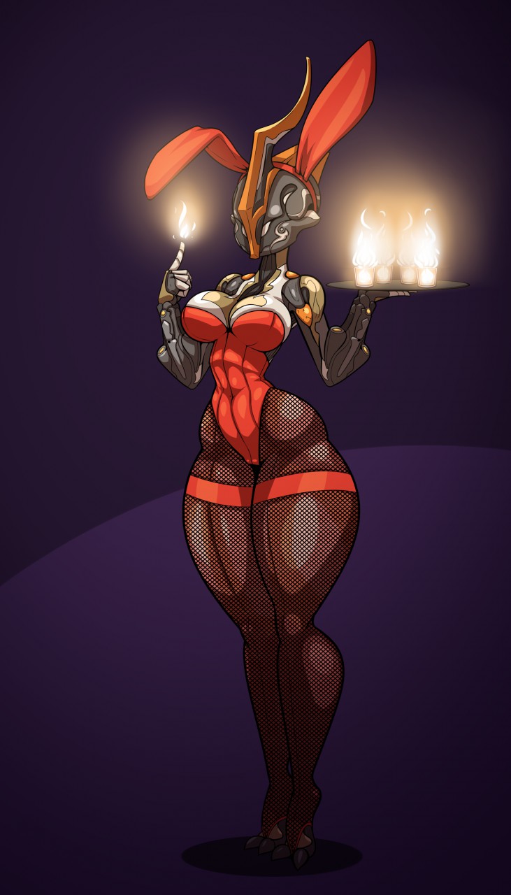 athletic_female big_hips breasts bunny_ears bunny_suit clothed clothing ember_(warframe) female female_only fire fishnet_stockings fishnets medium_breasts robot robot_girl solo standing thick_thighs thin_waist warframe wide_hips