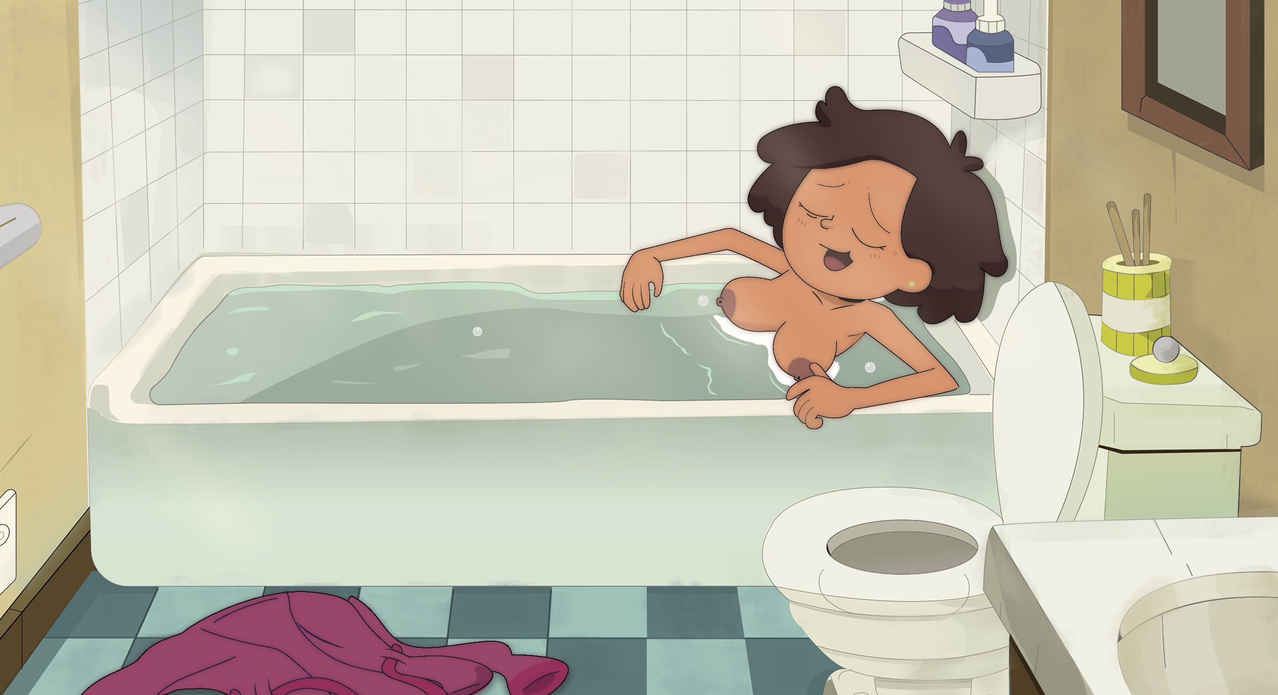 1girls, amphibia, bath, bathing, bathroom, bathtub, brown hair, canonical scene, closed eyes, completely nude, dark skin, dark-skinned female, disney, disney channel, disney xd, female, gosgoz, mature, mature female, milf, mother, mrs. boonchuy, nipples, nude, oum boonchuy, partially submerged, relaxing, solo, straight hair