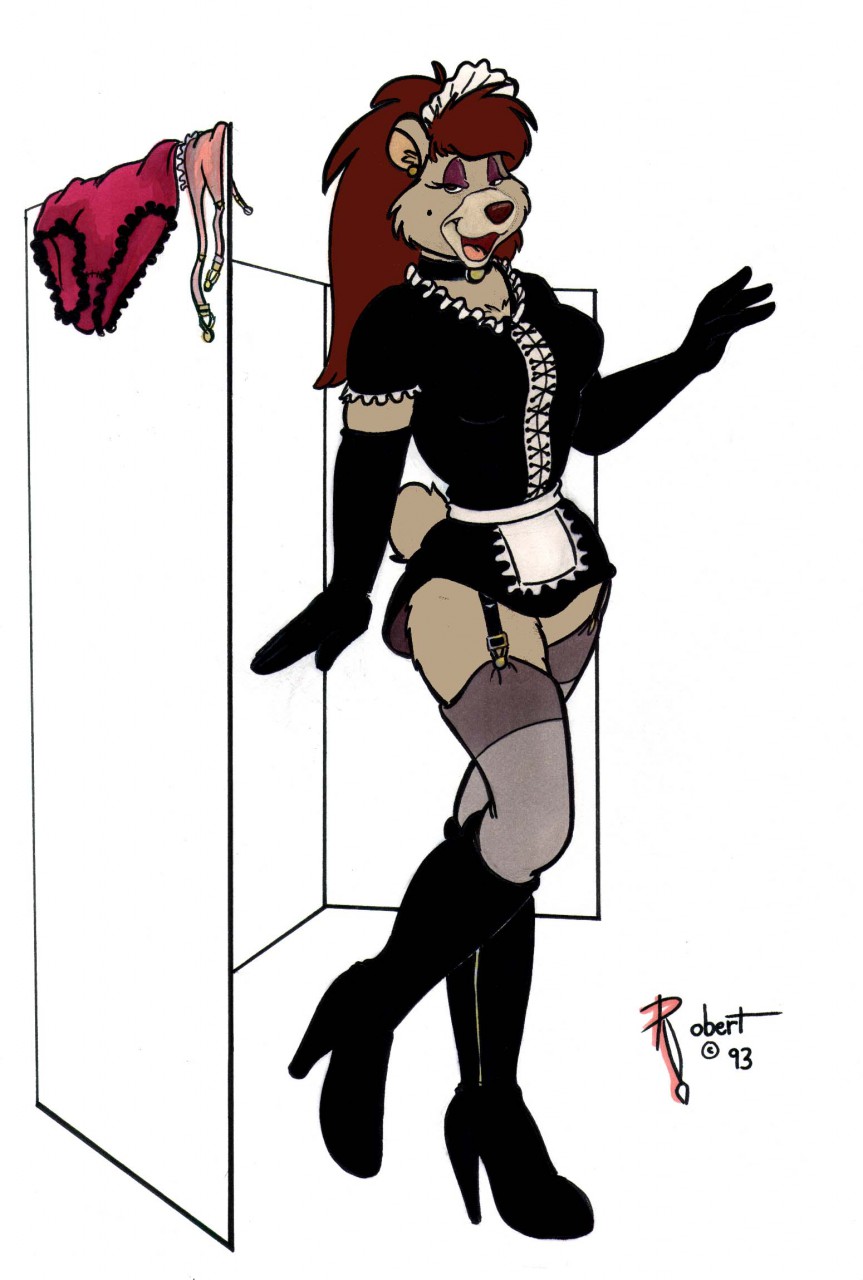 1990s 1993 20th_century anthro anthro_only bear color exhibitionism french_maid fur furry garter_belt high_heels kneehigh_heels latex latex_gloves maid maid_uniform no_humans no_panties original robert_bear teasing traditional_media_(artwork) underwear vawlkee year