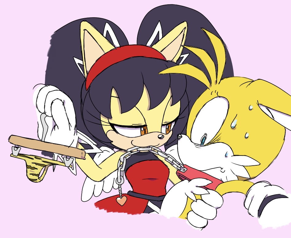 1boy, 1girls, 5 fingers, age difference, amber eyes, anthro, anthro only, assertive female, black hair, blue eyes, canid, canine, chain, chain leash, collar, colored sketch, cropped, domestic cat, duo, ears back, eyelashes, felid, feline, female, femdom, fox, fully clothed, gloves, hair accessory, hairband, headband, honey the cat, leash, leopard print, long hair, looking at another, male, male/female, malesub, nervous, no humans, older female, panties, questionable consent, scared, sketch, small pupils, smile, sonic (series), sonic the fighters, sonic the hedgehog (archie), sonic the hedgehog (comics), sweat, tails, tails the fox, thong, wings, yellow body, yellow fur, yellow hair, younger male