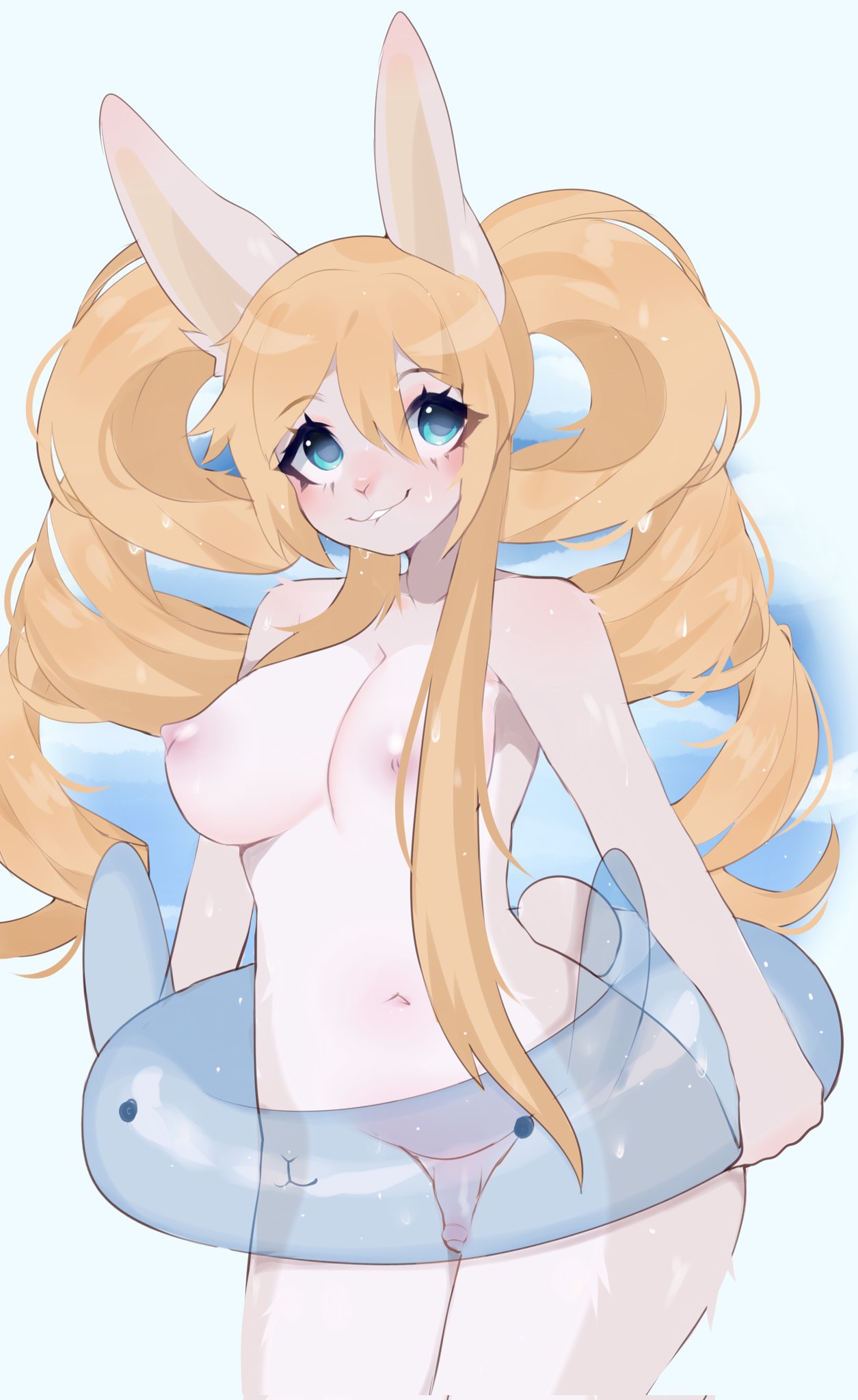 anthro areolae blonde_hair breasts drill_hair fredek666 furry futa_only futanari innertube lagomorph long_hair neko-eclipse17 nipples nude penis pool_toy second-party_source see-through standing stephanie_glamor twintails