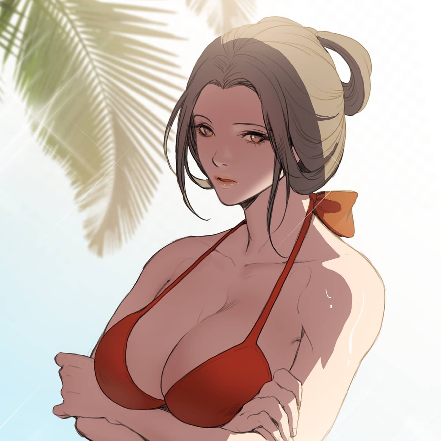 1girls arms_crossed_under_breasts bathing_suit beach big_breasts bikini breasts brown_hair cleavage crossed_arms emma_(sekiro) female female_only from_lsr fromsoftware light-skinned_female looking_at_viewer mature_female medium_breasts nihongami outdoors red_bikini sekiro:_shadows_die_twice solo summer swimsuit updo upper_body