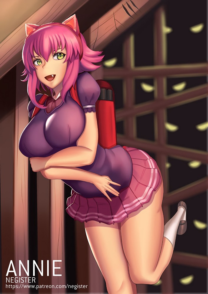 1girls adult_version aged_up annie_hastur ass bangs big_ass big_breasts breasts clothed clothing dat_ass fang female female_focus female_only green_eyes huge_ass league_of_legends light-skinned_female light_skin lowres negister oerba_yun_fang open_mouth pink_hair skirt solo thick_thighs wide_hips