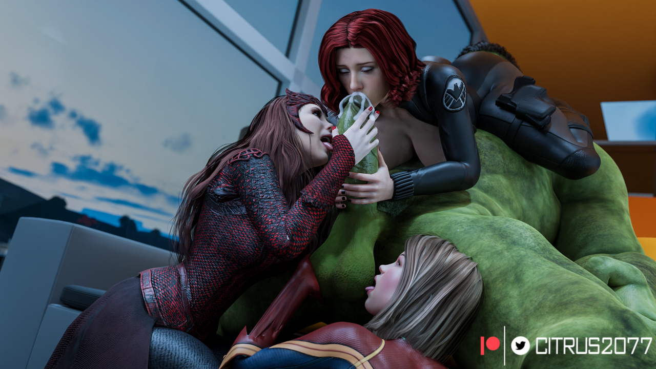 1boy, 3d, 3d (artwork), 3girls, avengers, balls, big breasts, big penis, black widow (marvel), blender, breasts, captain marvel, carol danvers, citrus2077, clothed female nude male, collaborative fellatio, cum, cum drip, cum dripping, cum dripping from penis, cum in mouth, elizabeth olsen, fellatio, female, foursome, green body, green eyes, green penis, green skin, green-skinned male, harem, huge cock, hulk, hulk (series), human, licking, licking balls, licking penis, light skin, light-skinned female, male, marvel, marvel cinematic universe, marvel comics, mutant (marvel), penis, red hair, s.h.i.e.l.d., scarlet witch, scarlett johansson, short hair, sucking penis, superhero, tagme, teamwork, wanda maximoff, x-men
