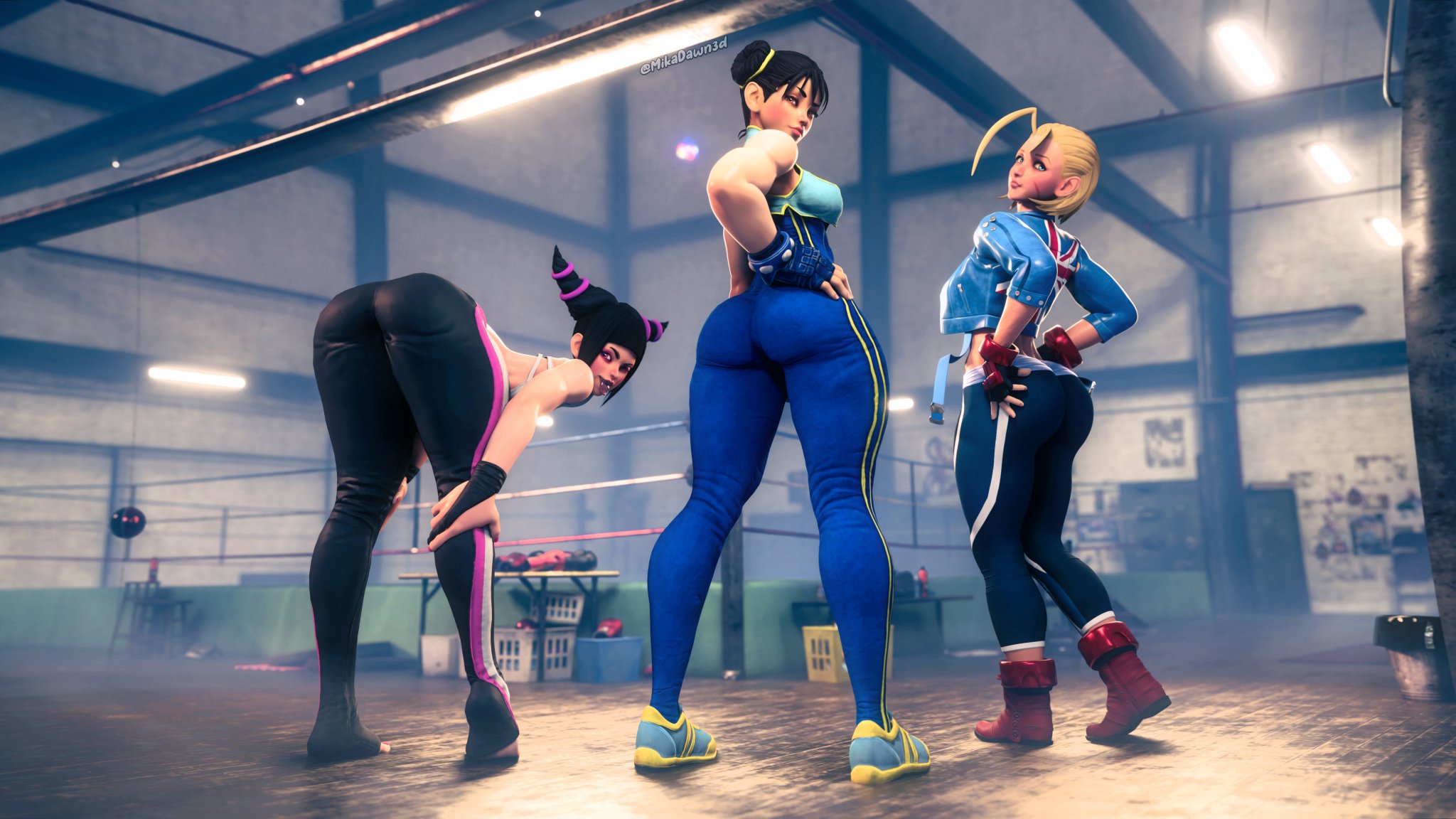 3d, 3girls, abs, ass, big ass, big butt, black hair, blonde hair, breasts, brown hair, brunette, bubble ass, bubble butt, cammy white, capcom, chun-li, dark brown hair, dark hair, female, female only, gym, juri han, mikadawn, muscle tone, muscles, muscular, muscular female, six pack, street fighter, street fighter 6, street fighter iv, street fighter v, thick ass