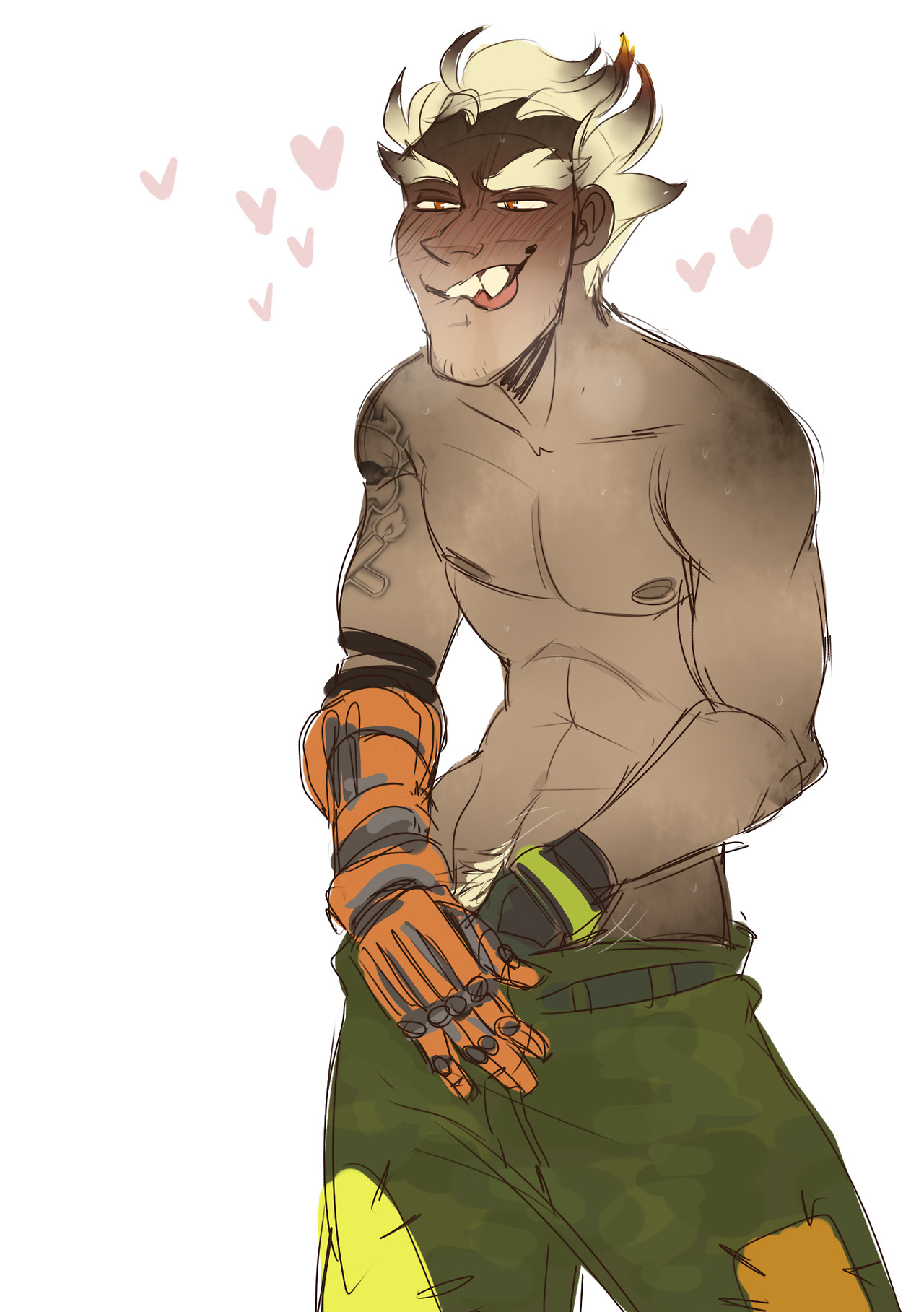 1boy, abs, blonde hair, daxratchet, junkrat, looking pleasured, maddogfan, male, male only, masturbation, muscular, muscular male, overwatch, standing, video games