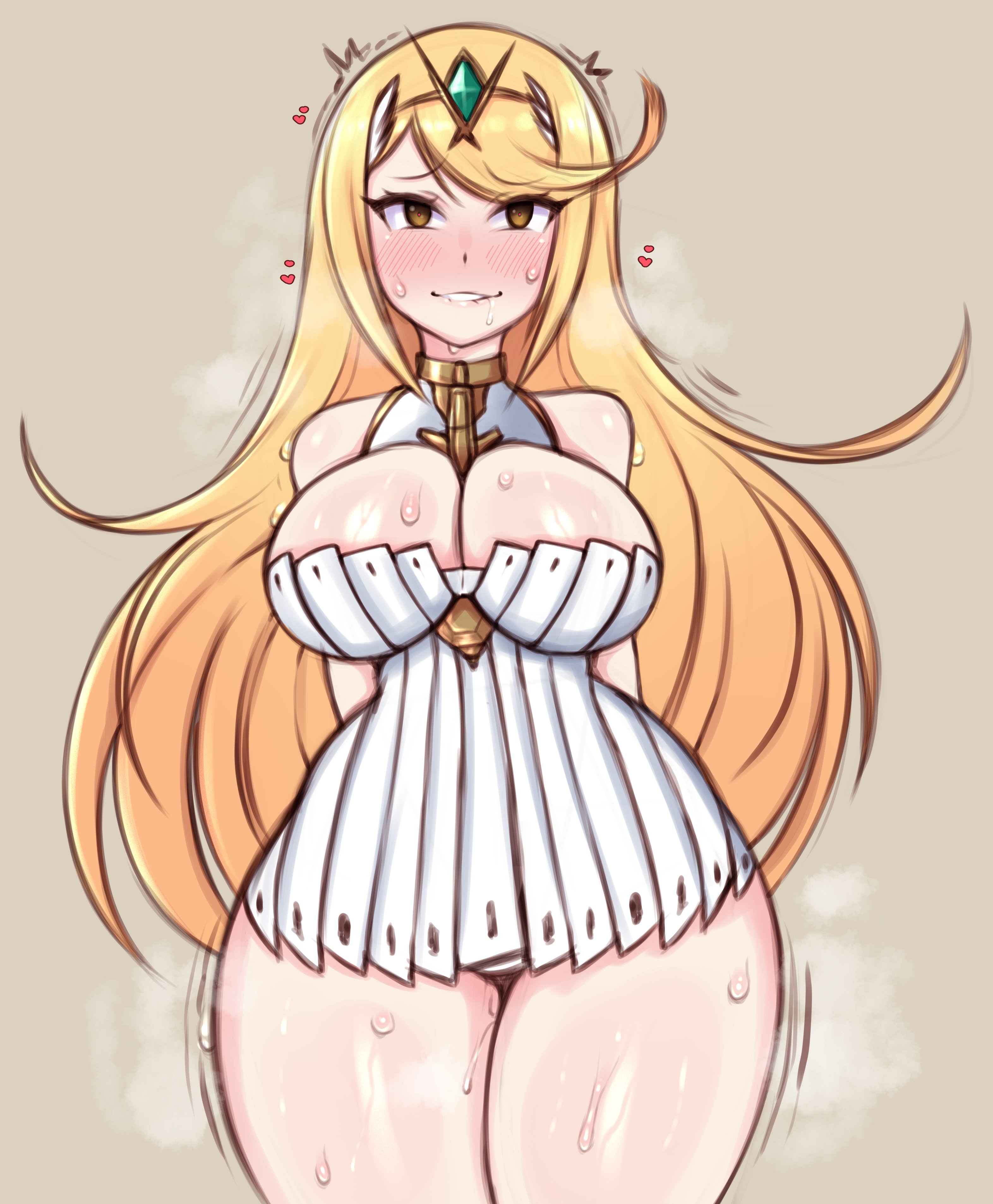 1girls, big breasts, biting lip, blonde hair, blush, breasts, cleavage, curvy, curvy figure, female, female only, large breasts, long hair, looking at viewer, mythra, nintendo, saltyxodium, solo, solo female, sweat, thick, thick thighs, voluptuous, wide hips, xenoblade (series), xenoblade chronicles 2, yellow eyes