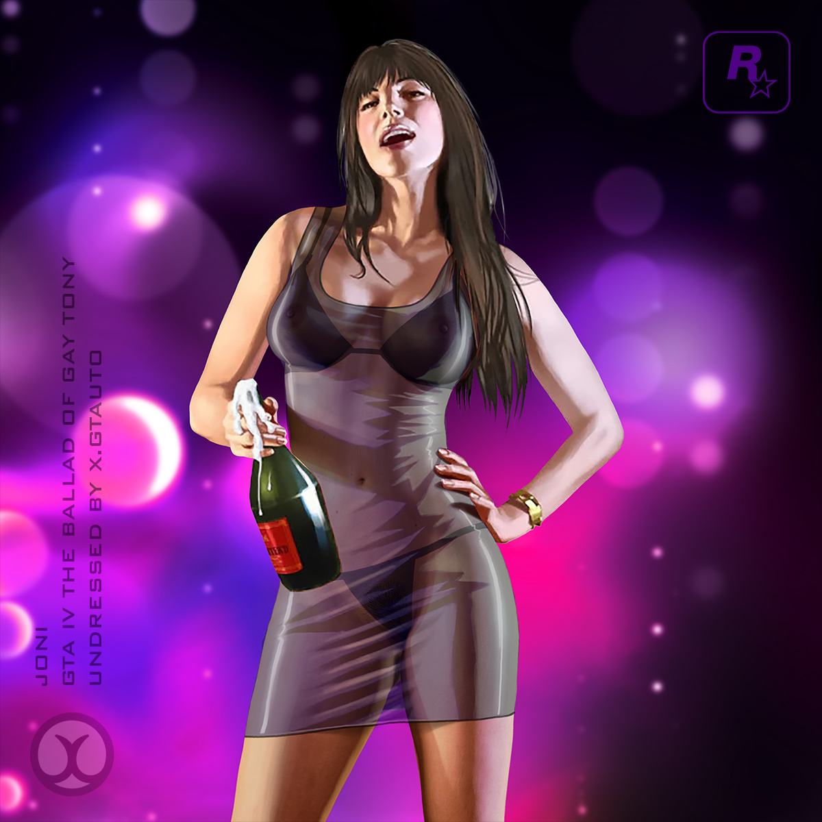1girls, alternate costume, bare shoulders, bra, breasts, brown eyes, brown hair, cleavage, collarbone, dress, drunk, edit, erect nipples, female, female focus, female only, femsub, grand theft auto, grand theft auto iv, grand theft auto: the ballad of gay tony, gtauto-x, hand on hip, happy, holding wine glass, huge breasts, joni (gta), lingerie, long hair, navel, nipples, open mouth, rockstar games, see-through, see-through clothing, solo, text, thong, watermark, wine