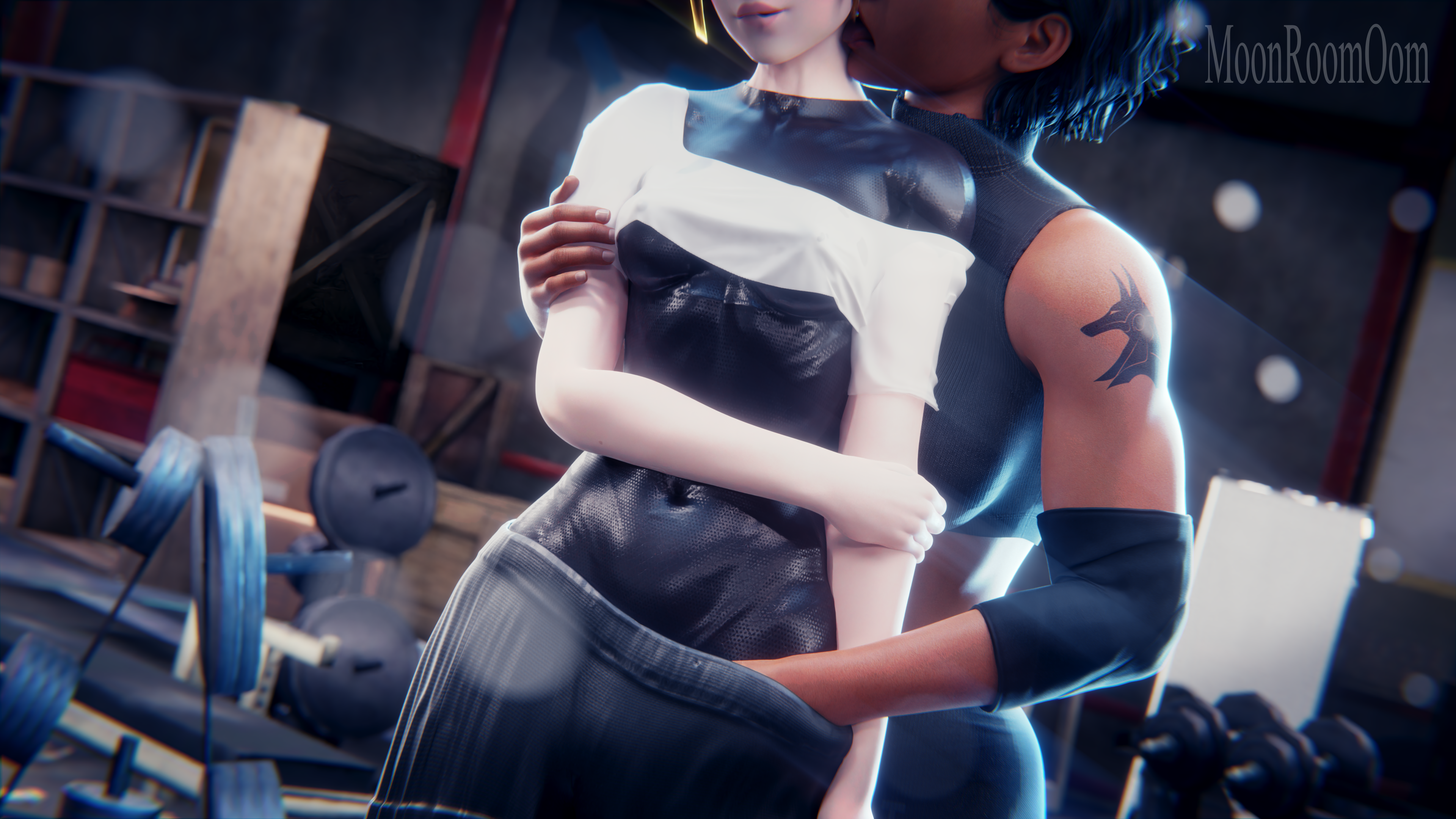 2girls, 3d, 3d (artwork), biting lip, blizzard entertainment, bodysuit, breasts, crop top, d.va, dark skin, dark-skinned female, female, fingering, fingering partner, fingering under clothes, gym, hand in pants, intimate, leather, licking, moonroomoom, overwatch, pharah, seductive, short hair, shorts, sports bra, sportswear, underboob, yuri