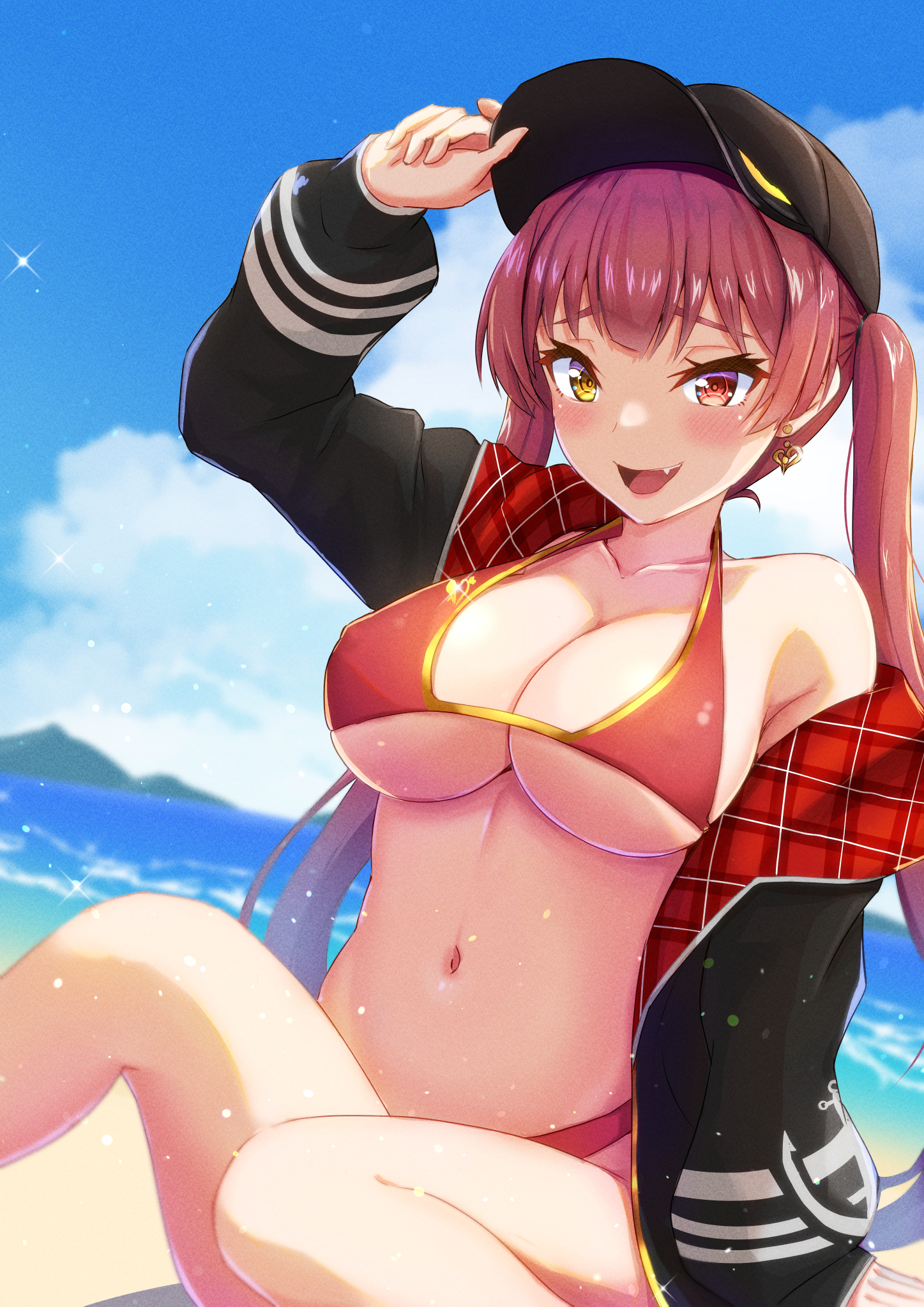 bare shoulders, baseball cap, bikini, blurry, blurry background, breasts, collarbone, covered navel, fangs, female, hat, heterochromia, highres, hololive, hololive fantasy, hololive japan, houshou marine, iva23 iva23, large breasts, long hair, looking at viewer, navel, open mouth, outdoors, red bikini, red eyes, sitting, sky, smile, swimsuit, twintails, underboob, virtual youtuber, yellow eyes