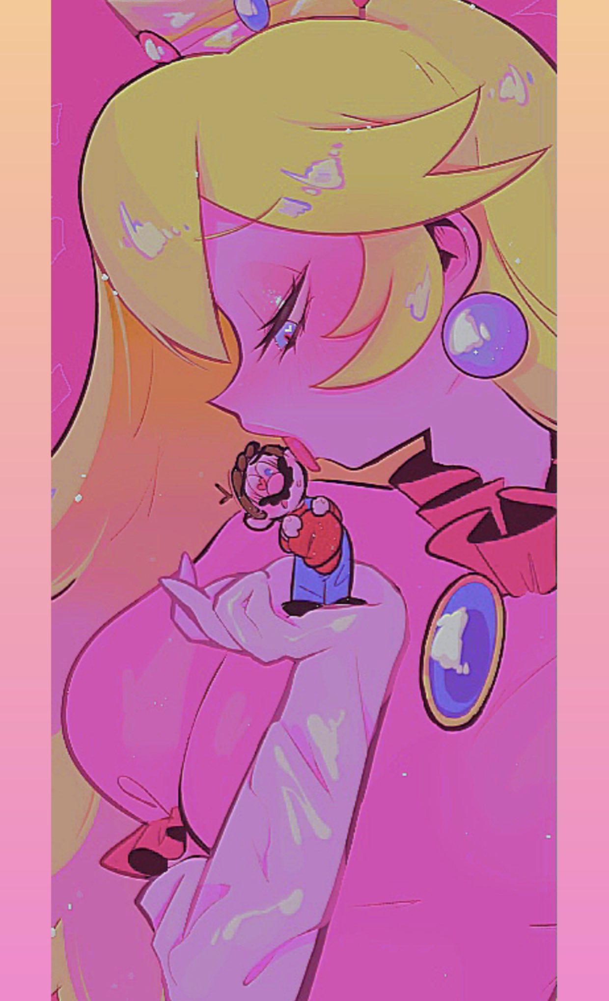 blonde hair, brown hair, canon couple, female, giantess, hanamario87, heart-shaped pupils, larger female, licking, male, mario, mario (series), nintendo, pendant, pink dress, princess, princess peach, size difference, smaller male, wholesome