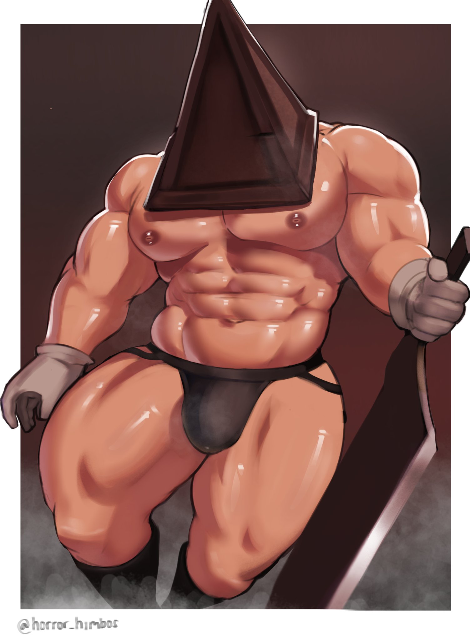 1boy, abs, bara, bulge, gay, gloves, helmet, horror himbos, jockstrap, male, male only, muscular, muscular male, muscular thighs, pecs, pyramid head, shiny skin, silent hill, silent hill 2, solo, thick thighs, thunder thighs, topless, topless male, underwear, weapon, white gloves, yaoi