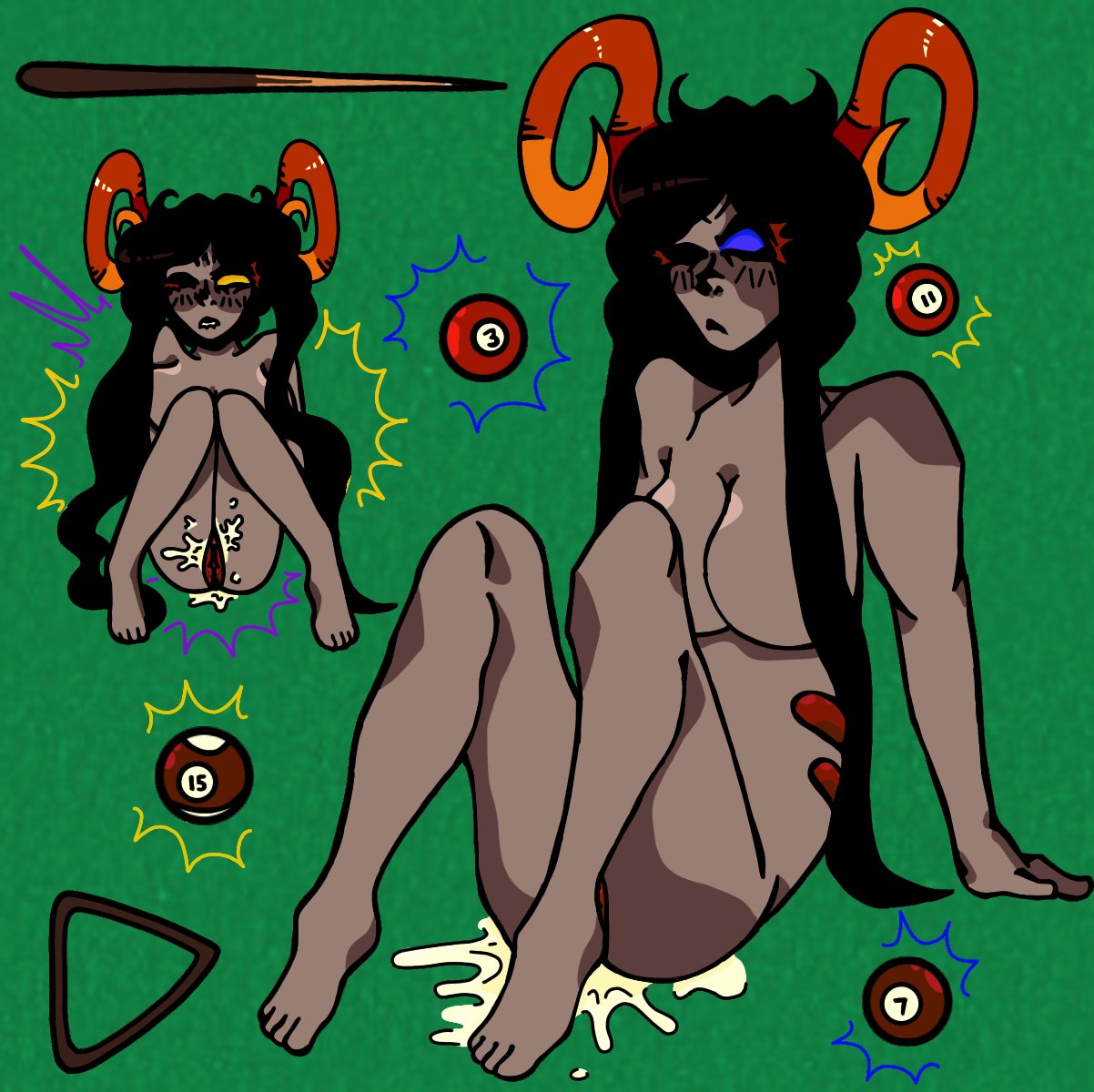 biting_lip black_hair breasts cum cum_in_pussy eye_closed homestuck horns pussy the_handmaid trembling troll_female