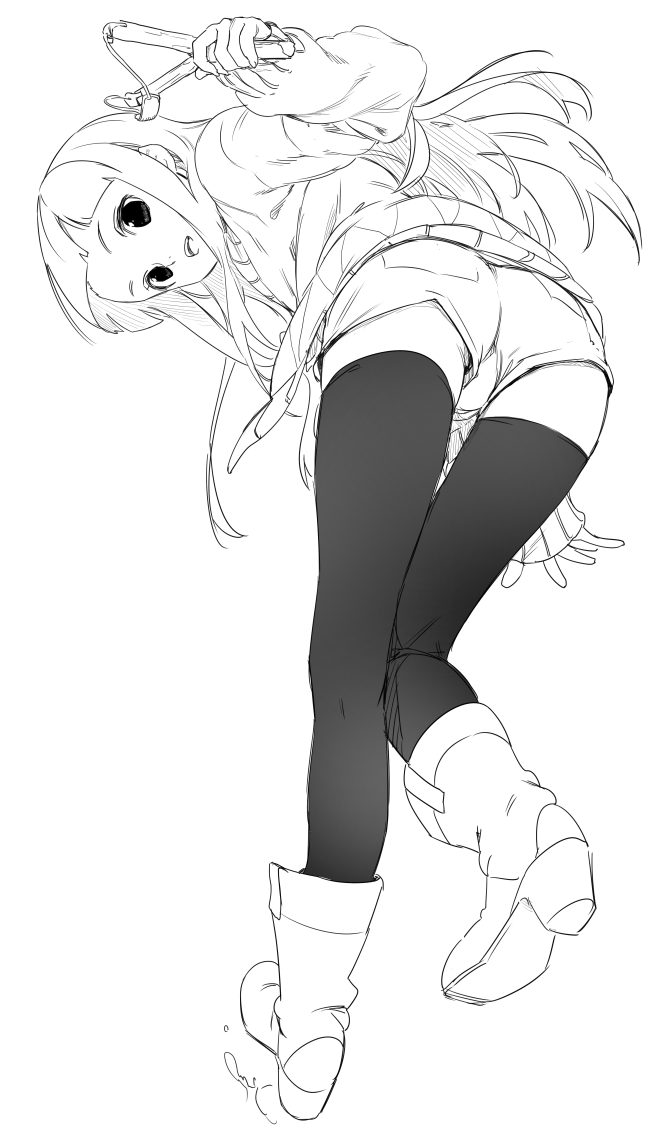 bent_over black_legwear black_thighhighs boots cute ebisugawa_kaisei female female_only full_body fully_clothed hime_cut kawakami_rokkaku long_hair looking_at_viewer looking_back monochrome short_shorts shorts slingshot solo sweater thighhighs uchouten_kazoku