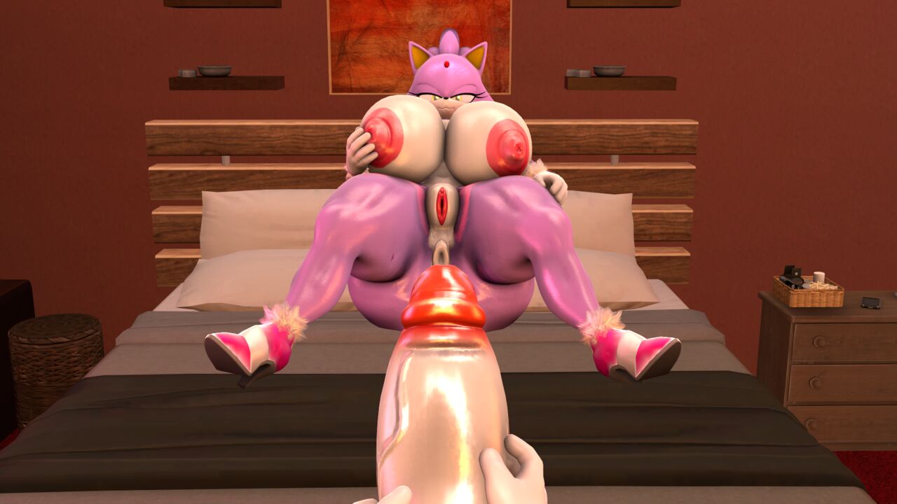 3d blaze_the_cat blueapple cream_the_rabbit forehead_jewel futanari gigantic_breasts giver_pov gynomorph hand_on_breast holding_penis huge_ass huge_cock huge_nipples imminent_sex on_bed pov pussy red_glans red_tip sonic_(series)