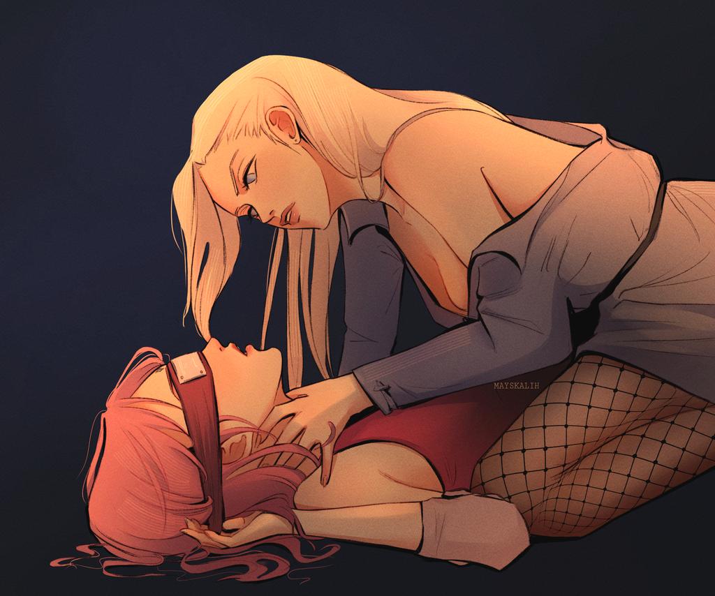 2girls artist_name blindfold blonde_female blonde_hair female female_only fishnets ino_yamanaka long_hair mayskalih naruto naruto:_the_last naruto_(series) on_back pink_hair sakura_haruno sensual short_hair undressing yuri