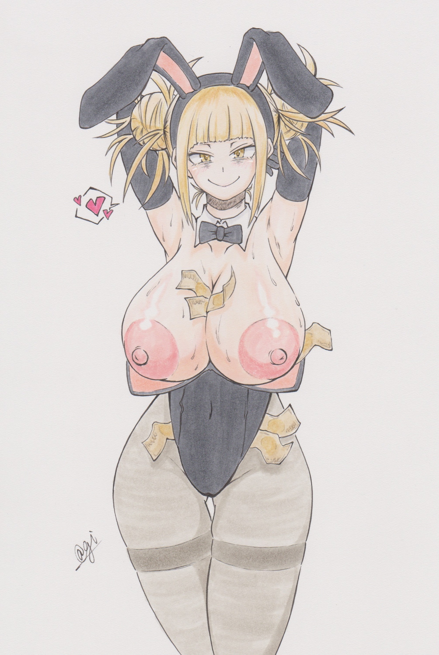 @gi, areolae, armpits, artist signature, big breasts, black clothing, blonde hair, breasts, breasts out, bunny ears, bunnysuit, collarbone, female, gi60423540, hair bun, hands behind head, heart, himiko toga, hips, long gloves, money, money under clothes, my hero academia, navel, navel visible through clothes, nipples, pantyhose, smiling, standing, sweat, sweatdrop, sweating, thick thighs, thigh gap, thighs, tie, white background, wide hips