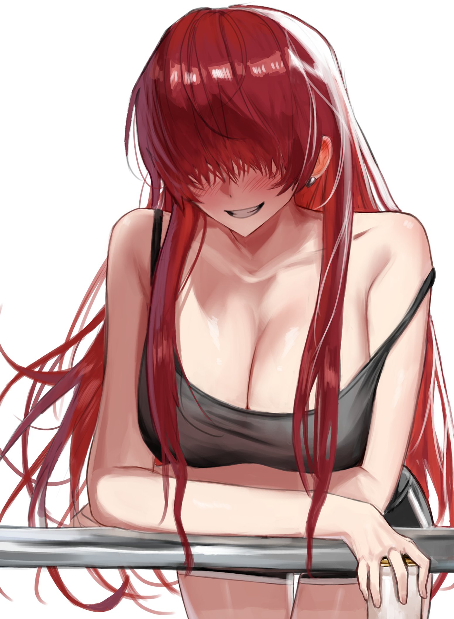 1girls, alternate hairstyle, big breasts, blush, blushing, breasts, cleavage, dan koflove (artist), earrings, eyes covered, female, hair covering eyes, hair over eyes, huge breasts, king of fighters, long hair, loose clothes, red hair, shermie (kof), shorts, smile, smiling, snk, solo, tagme (artist), tagme (character), tank top, thick, thick thighs, thighs