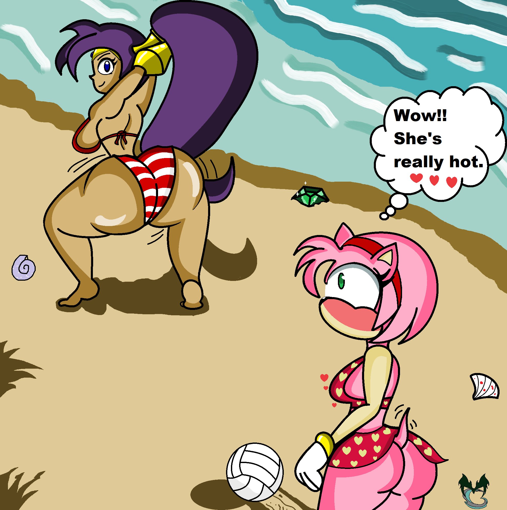 2girls, amy rose, ass, barefoot, beach, big ass, blush, chaos emerald, crossover, eastern and western character, english text, female, female only, full body, masterghostunlimited (artist), multiple females, multiple girls, outdoors, shantae, shantae (character), smooth skin, sonic (series), tagme, text, twerking, volleyball (ball), yuri