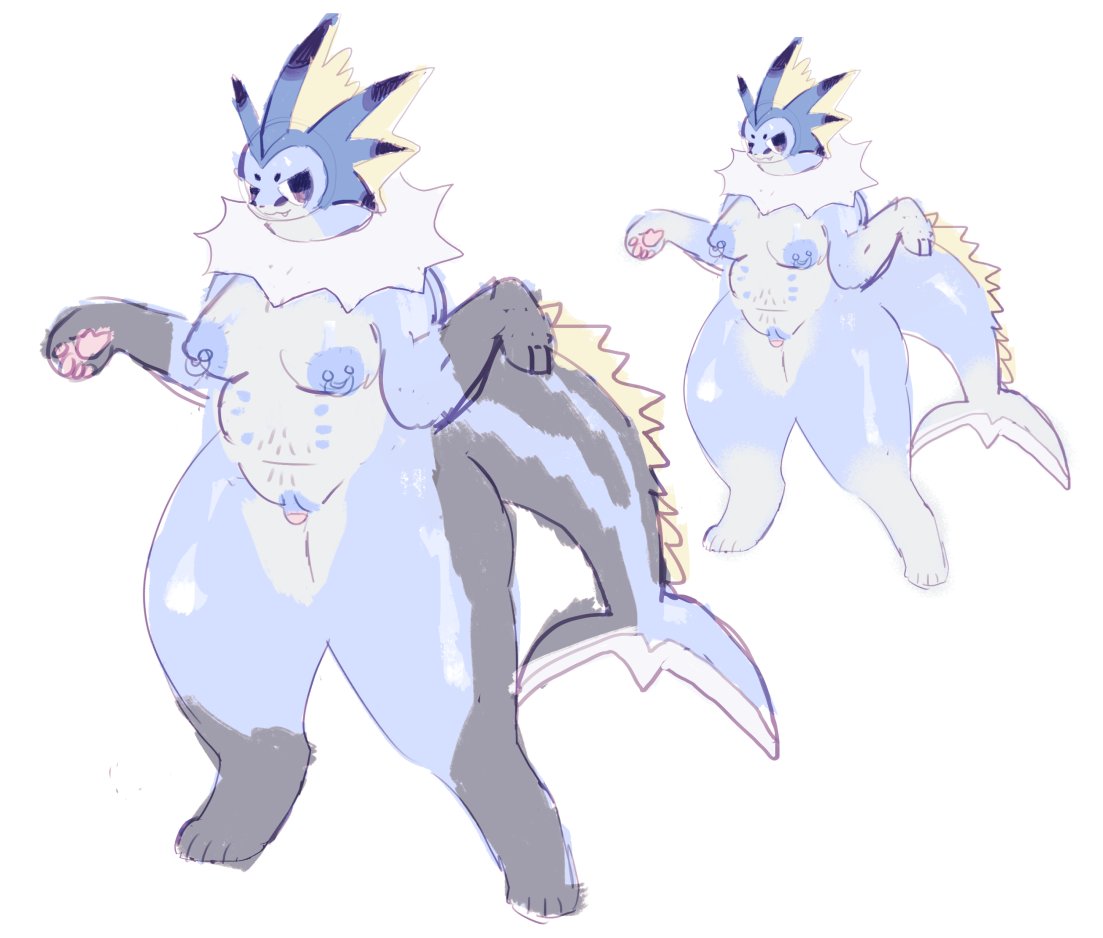 2022 8_nipples alternate_form anthro areola areola_piercing belly belly_nipples big_clitoris biped birdpaw_(artist) blue_areola blue_body blue_nipples blue_skin clitoris cute_fangs digital_media_(artwork) eeveelution female frill_(anatomy) full-length_portrait genitals gloves_(marking) grey_body grey_markings grey_skin leg_markings markings multi_nipple nintendo nipple_piercing nipple_ring nipples overweight overweight_anthro overweight_female pawpads piercing pink_pawpads pokémon_(species) pokemon portrait ring_piercing simple_background socks_(marking) solo standing tan_belly tan_frill vaporeon video_games white_background