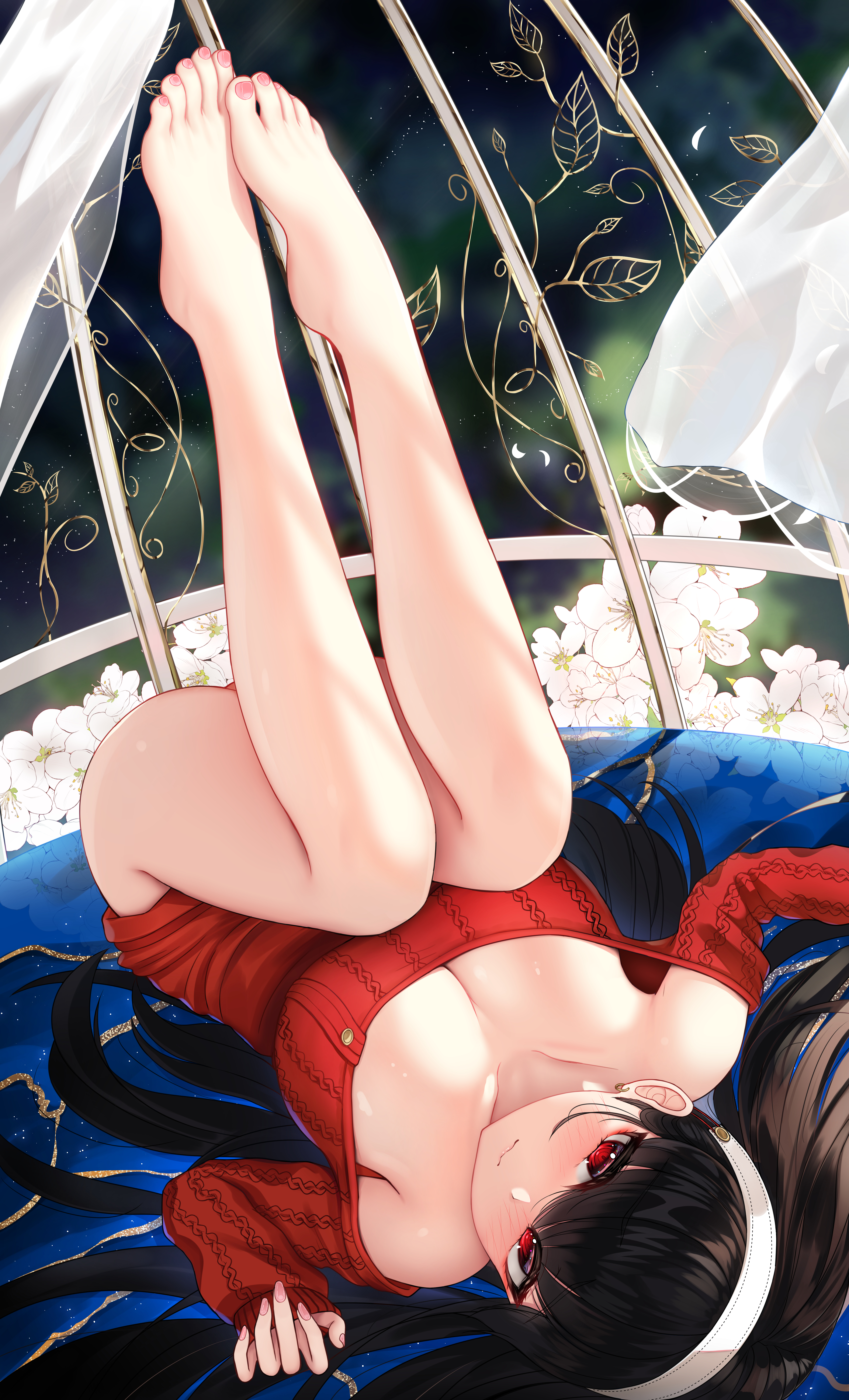 1girls, 2022, absurd res, bare legs, barefoot, black hair, blush, breasts, cleavage, damao yu, embarrassed, feet, female, female only, greek toe, hips, huge breasts, long hair, long legs, looking at viewer, lying on back, red eyes, slim waist, soles, solo, spy x family, sweater, thick thighs, thighs, toes, wide hips, yor briar, yor forger
