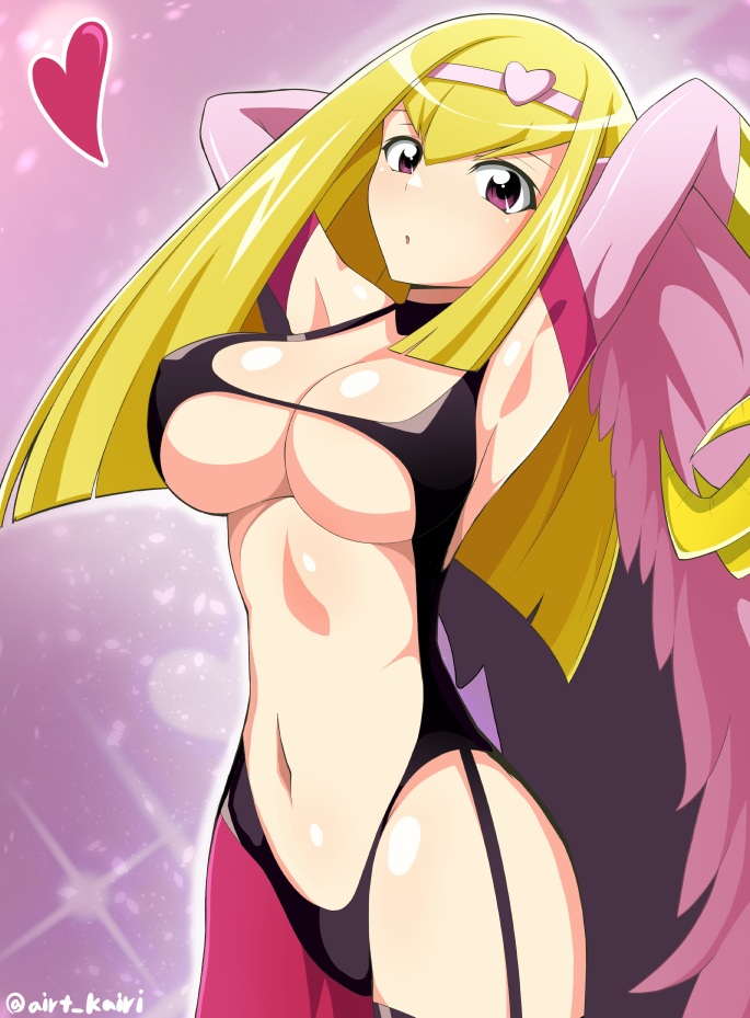 :o armpits arms_up breasts claws commission duel_monster feathered_wings feathers female harpie_girl harpie_lady harpy kairi_(fotune) large_breasts long_hair monster_girl navel pink_feathers pink_wings purple_eyes revealing_clothes skeb_commission solo stomach winged_arms yu-gi-oh!