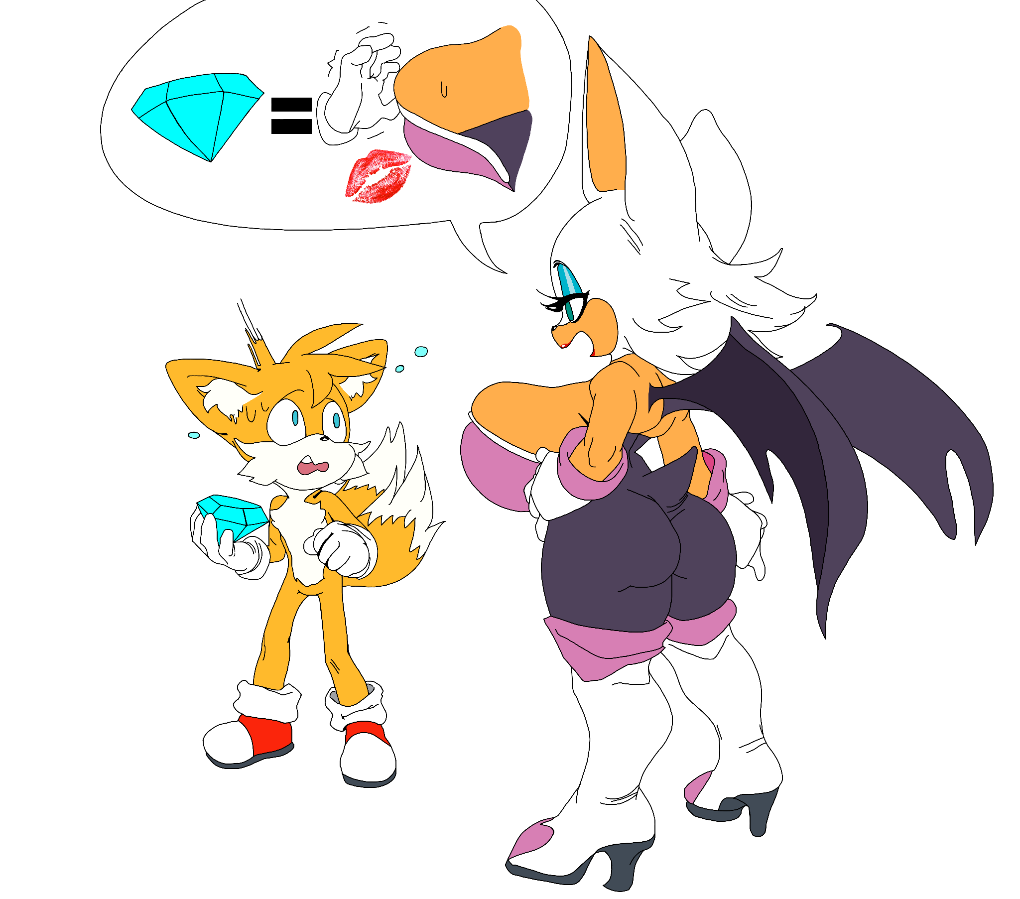 age difference, anthro, anthro only, bat, female, fox, imminent sex, lipstick mark, male, miles prower, miles tails prower, no humans, older female, propositioning, prostitution, reward, rouge the bat, size difference, smaller male, sonic (series), tail, tails, tails the fox, temptation, younger male