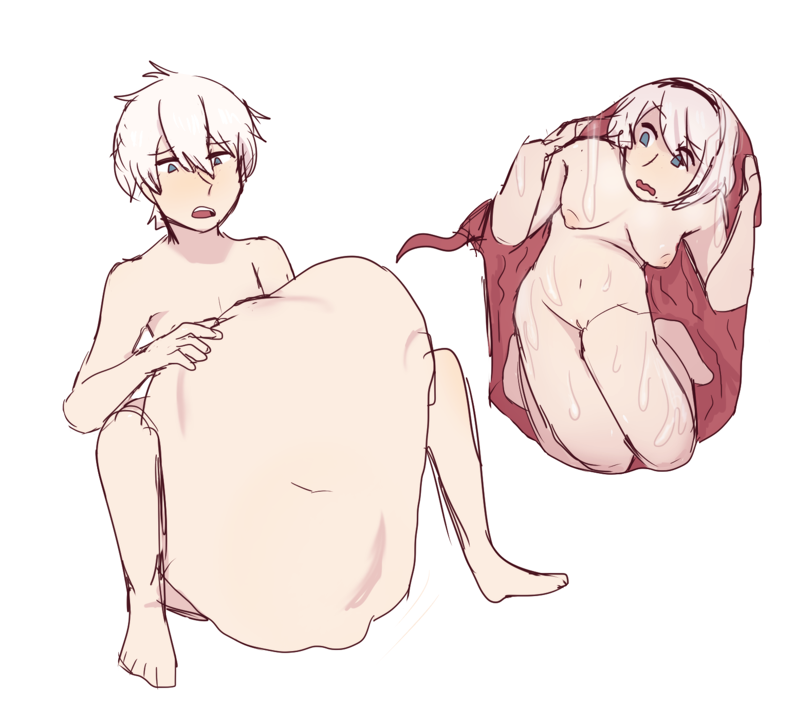1boy, 1girls, areolae, belly, big belly, bilefangz, breasts, female, female prey, huge belly, inside stomach, light skin, light-skinned female, light-skinned male, male, male pred, nier, nier: automata, nipples, nude, nude female, nude male, short hair, vore, white background, white hair, yorha 2b, yorha 9s