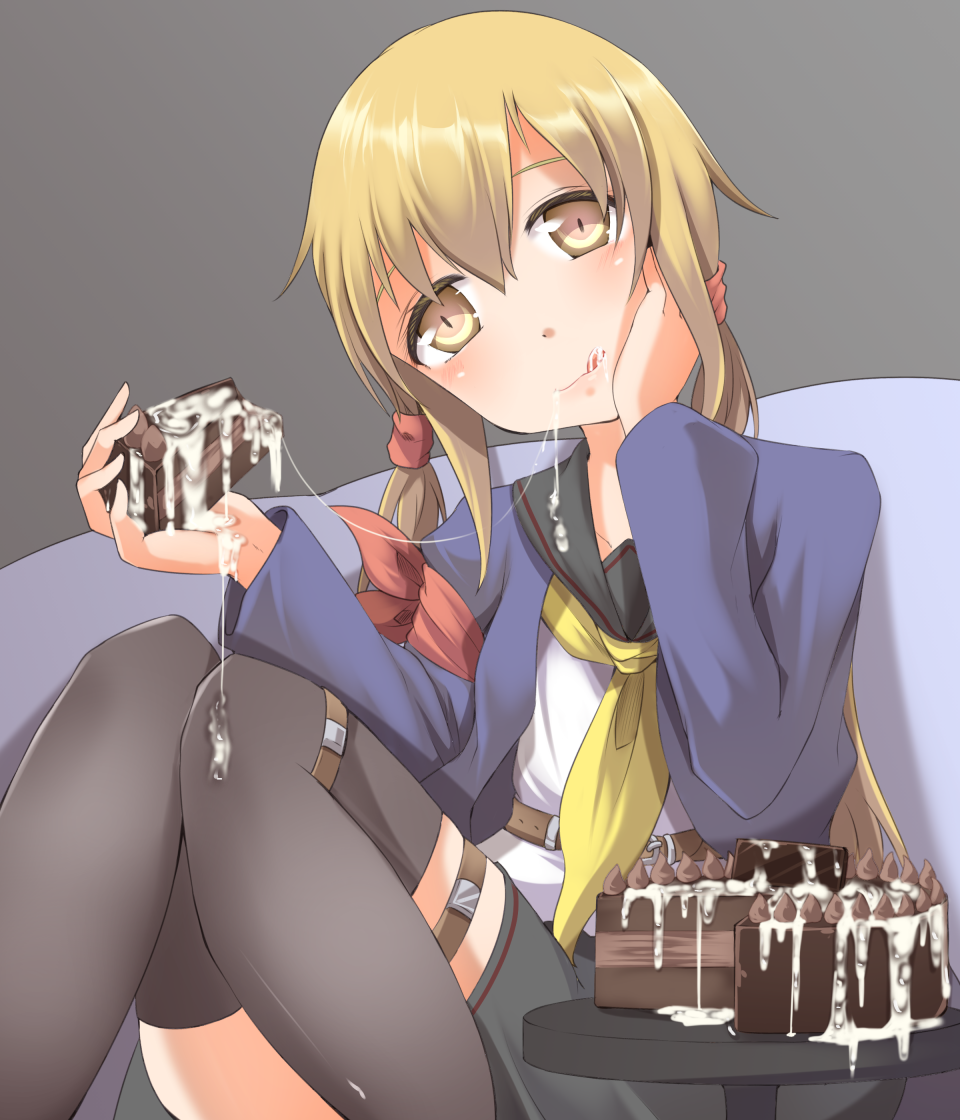 1girls black_legwear black_stockings blonde_hair cake cum_on_food cumdrip eating eating_cum eating_food female food kantai_collection legwear looking_at_viewer satsuki_(kantai_collection) smile stockings syuga twintails yellow_eyes yellow_hair