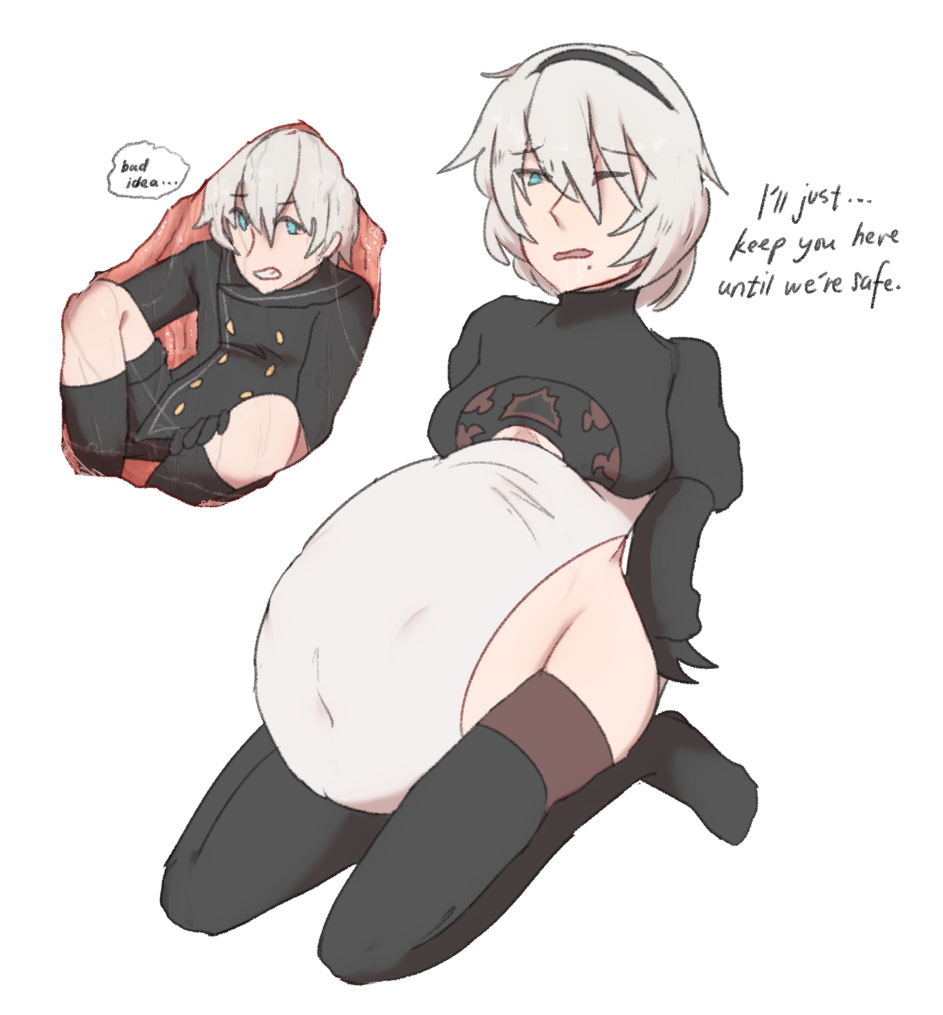 1boy, 1girls, belly, big belly, bilefangz, breasts, clothed, clothing, english text, female, hairband, huge belly, hyper belly, inside stomach, light skin, light-skinned female, light-skinned male, male, nier, nier: automata, safe vore, short hair, text, thighhighs, vore, white background, white hair, yorha 2b, yorha 9s
