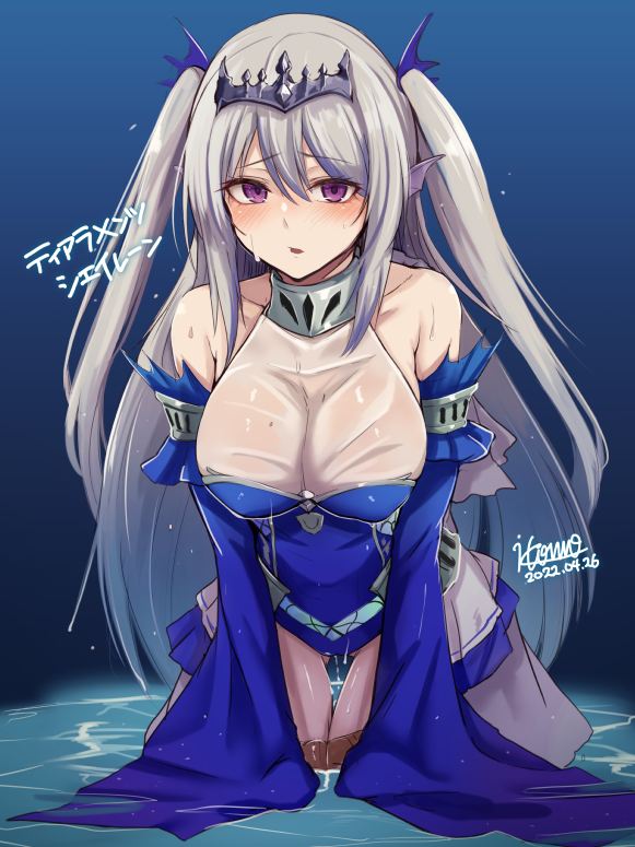 alternate_breast_size armlet bare_shoulders blue_background breasts character_name cleavage collarbone dated detached_sleeves dress duel_monster female gradient gradient_background grey_hair head_fins hiruno kneeling large_breasts long_hair long_sleeves purple_eyes signature sleeves_past_fingers sleeves_past_wrists solo tearlaments_scheiren tiara two_side_up water wet wet_clothes wet_dress yu-gi-oh!