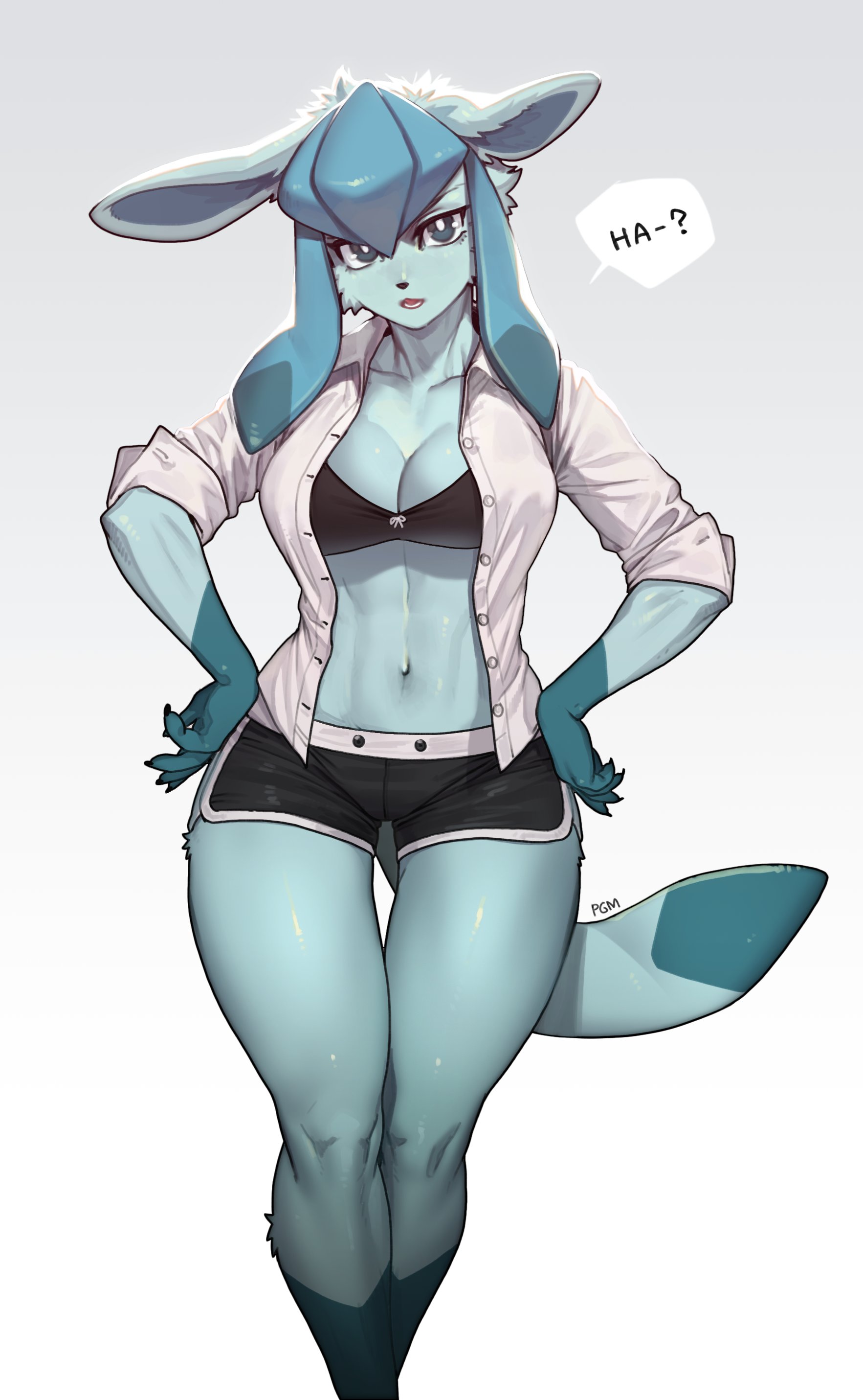 1girls, anthro, anthrofied, big breasts, blue fur, breasts, clothed, clothing, eeveelution, female, fur, furry, furry only, glaceon, hips, nintendo, open shirt, pokémon (species), pokemon, pokemon (species), rolled up sleeves, schewiener, short shorts, solo, tail, text, thick thighs, thigh gap, unbuttoned shirt, wide hips