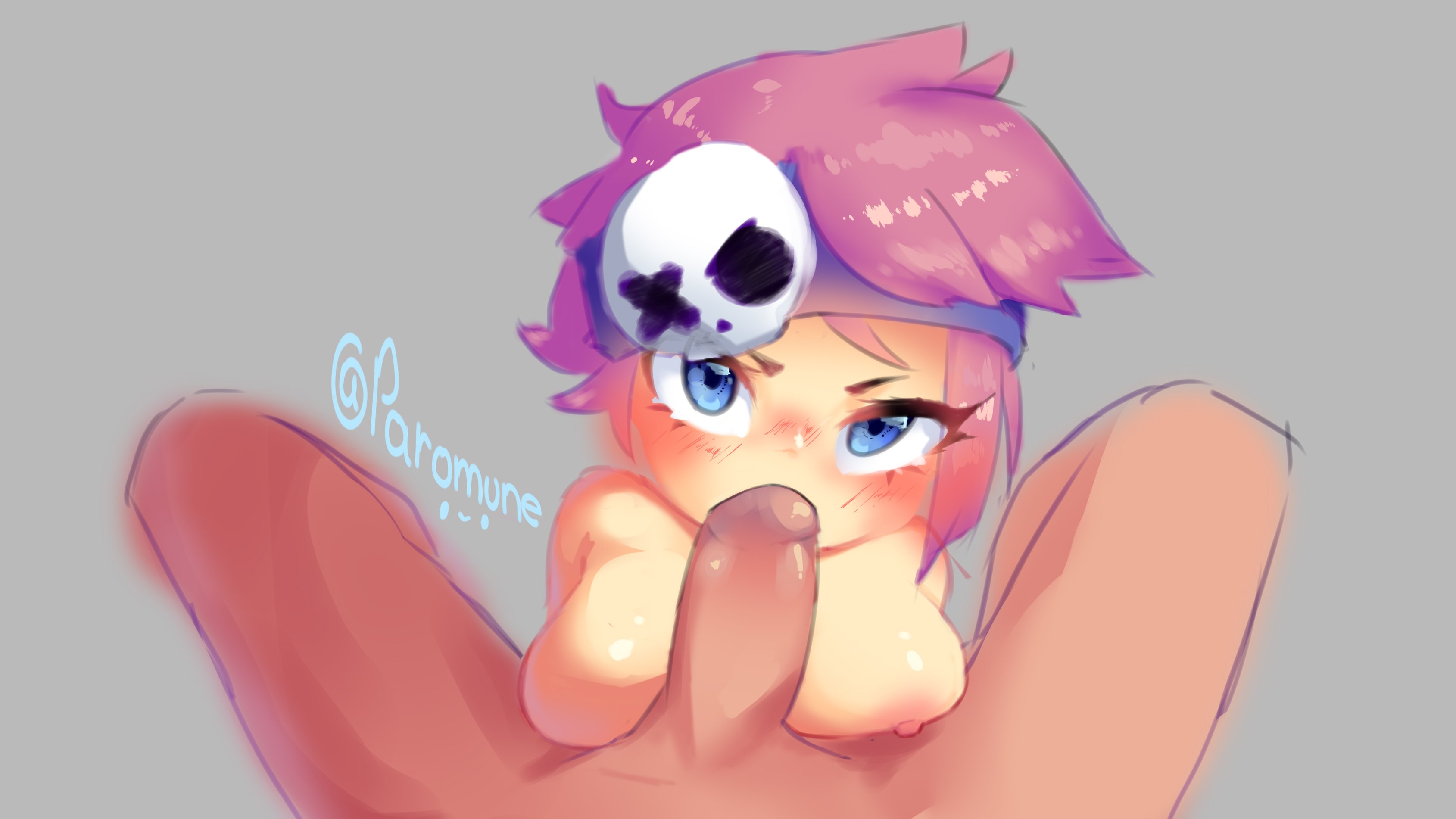 1boy, 1girls, big breasts, big penis, blowjob, blue eyes, blush, brawl stars, breasts, fellatio, female, headwear, looking at viewer, male, outercourse, paizufella, paizuri, paromune, penis, penny (brawl stars), pink hair, skull, sucking