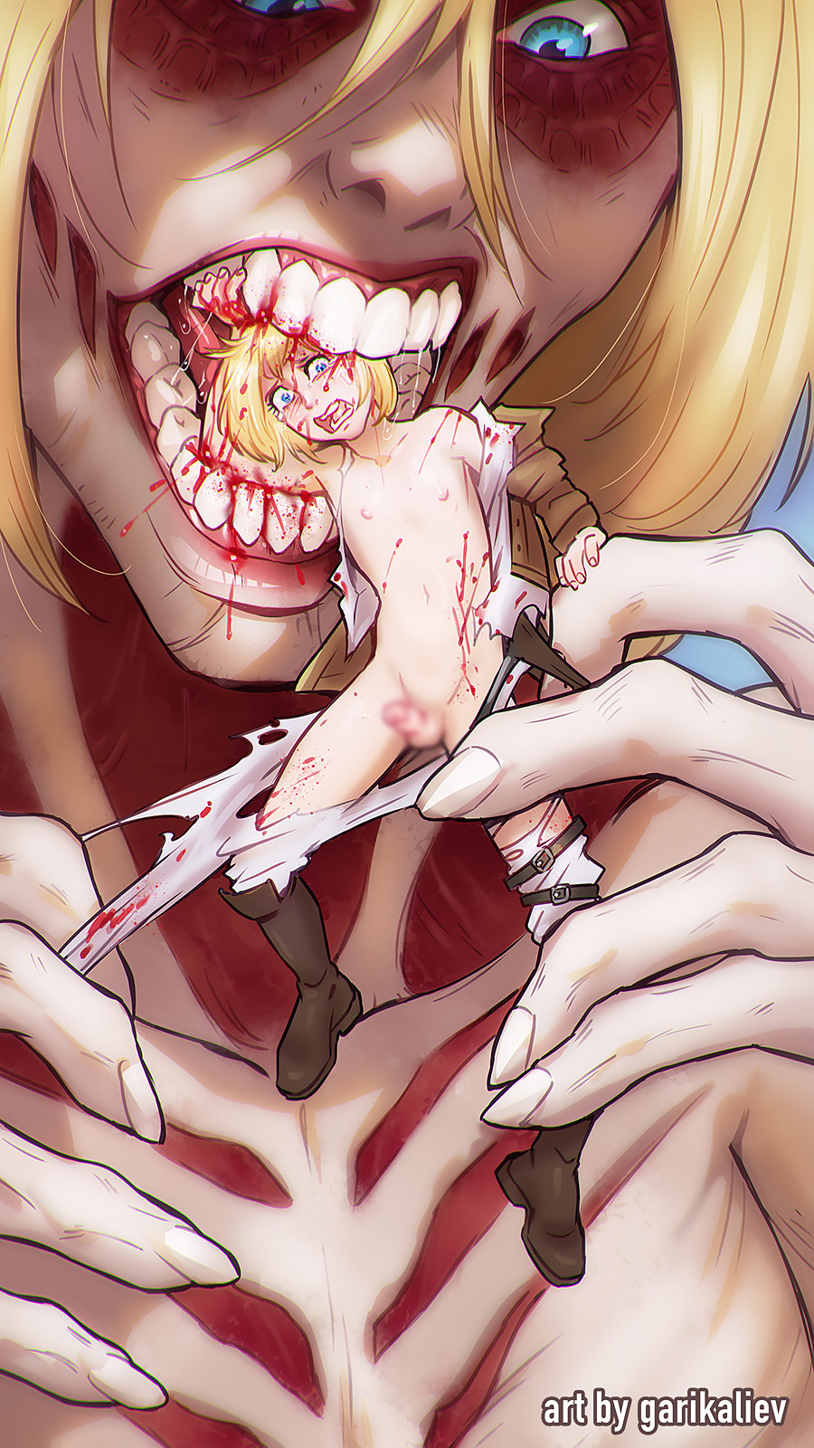 1boy 1girls annie_leonhardt armin_arlert attack_on_titan biting_head bleeding bleeding_from_head bleeding_from_torso blood censored crying female_titan garikaliev gore guro imminent_death imminent_vore macro_female micro_male micro_on_macro oral_vore penis scared skeletal small_penis teeth titan titan_(shingeki_no_kyojin) twink vore