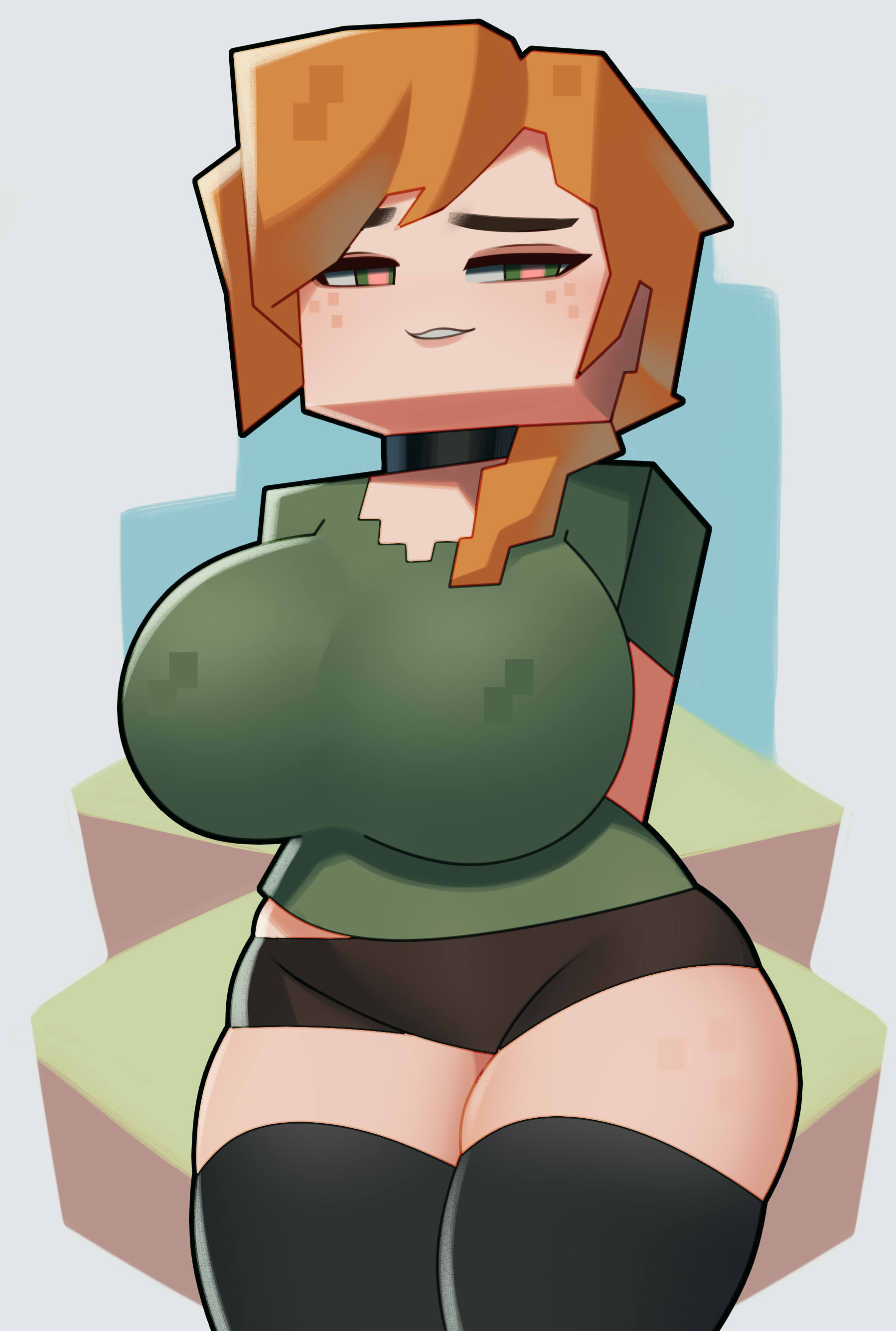 1girls, alex (minecraft), big breasts, black legwear, breasts, choker, clothed, female, freckles, green eyes, hi res, highres, hourglass figure, huge breasts, legwear, minecraft, orange hair, postblue98, square head, stockings, thick thighs, thighhighs, thighs, tight clothing