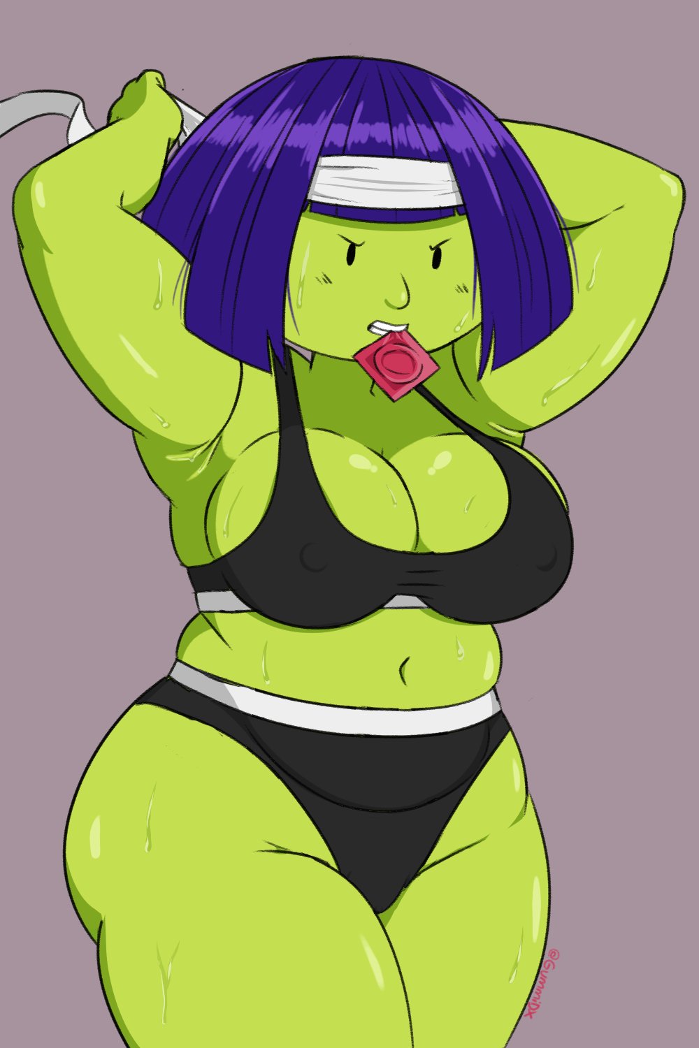 1girls big_breasts condom_in_mouth condom_wrapper connie_benge doug green_skin gummidx mostly_clothed nickelodeon purple_hair slightly_chubby thick_thighs wide_hips